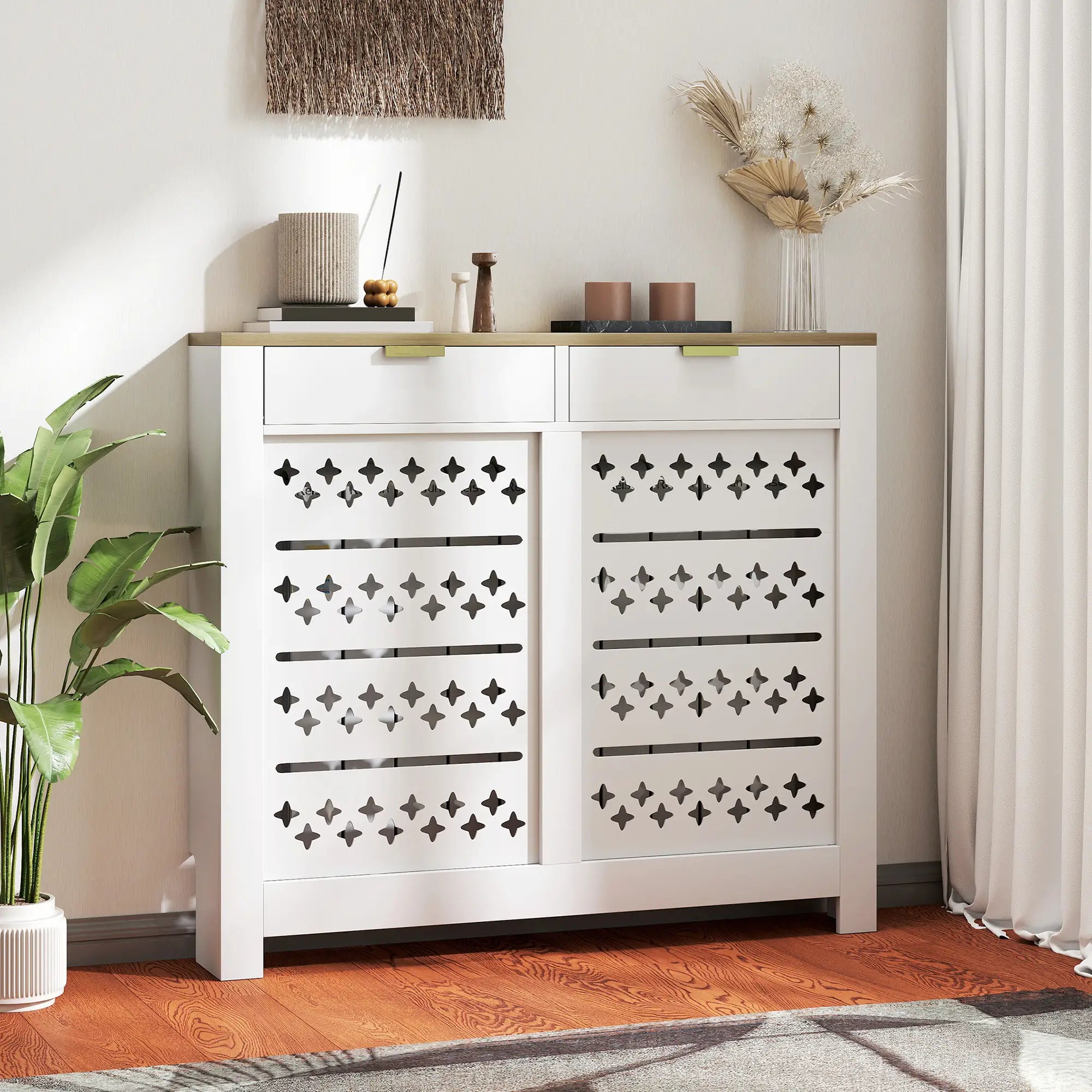 Modern Radiator Cover with 2 Flip-Down Drawers – White MDF Heater Cover Cabinet, 108 x 19 x 95.5 cm