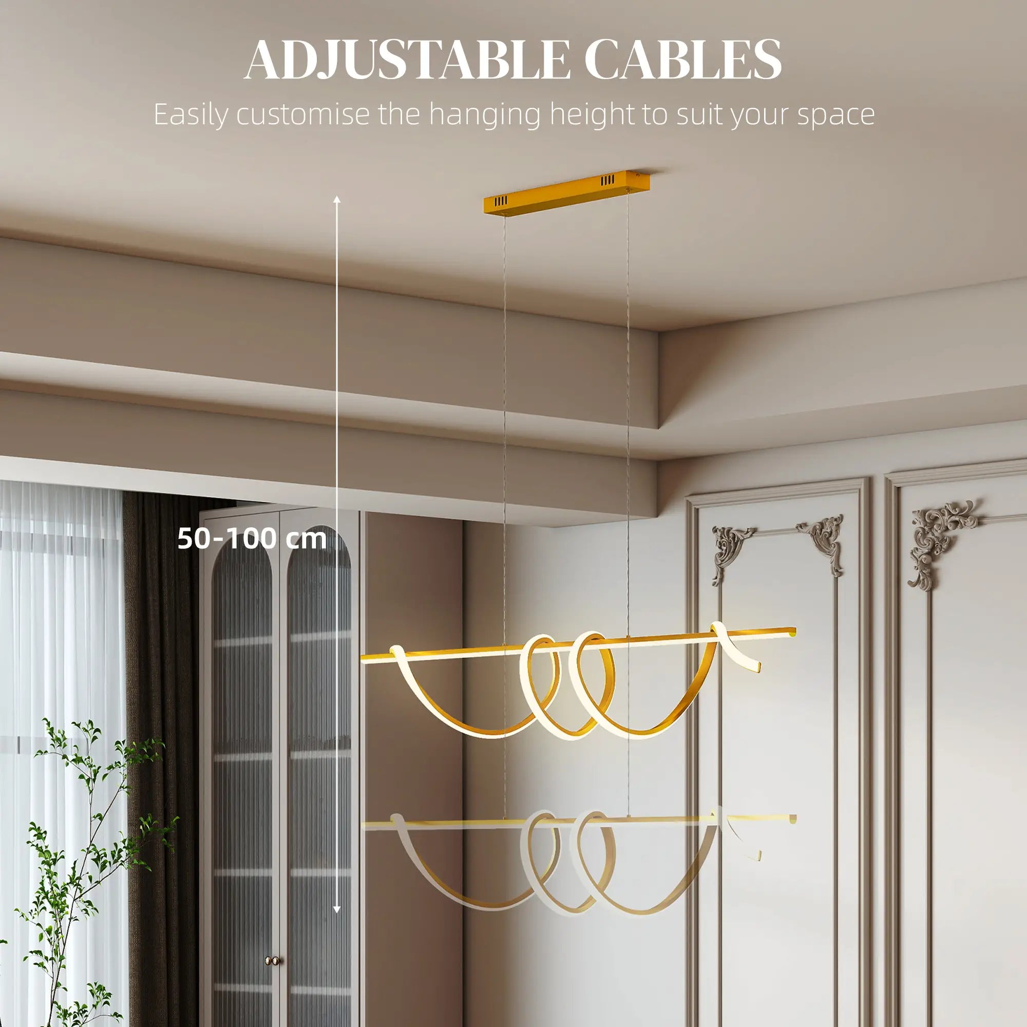 Modern LED Pendant Light with 3 Colour Temperatures – Gold Tone, Adjustable Height, 45W, 3500 Lumens, 120 cm