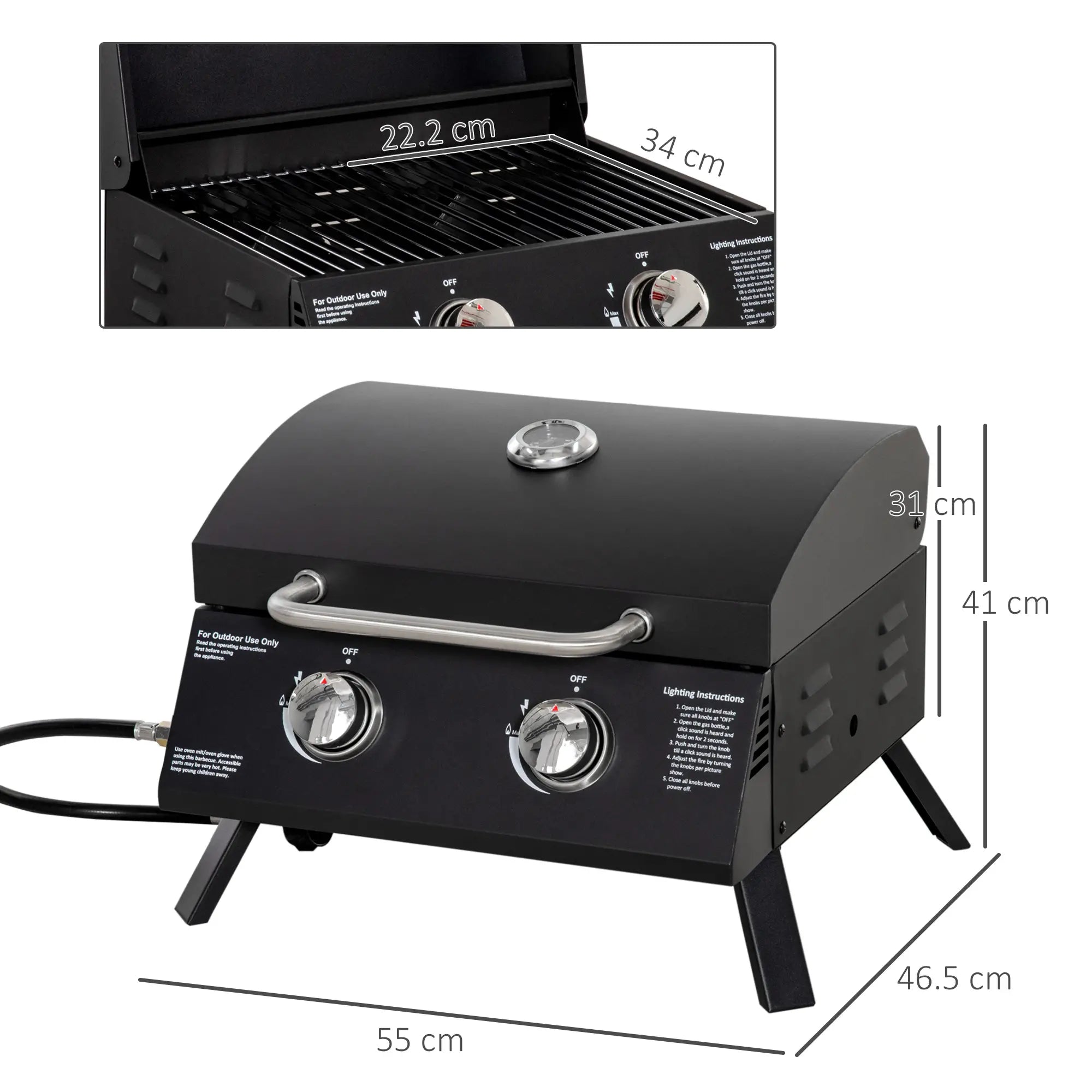 2 Burner Portable Gas BBQ Grill with Lid & Thermometer, Folding Tabletop Outdoor Barbecue, Carbon Steel Body, 5.86kW – Black