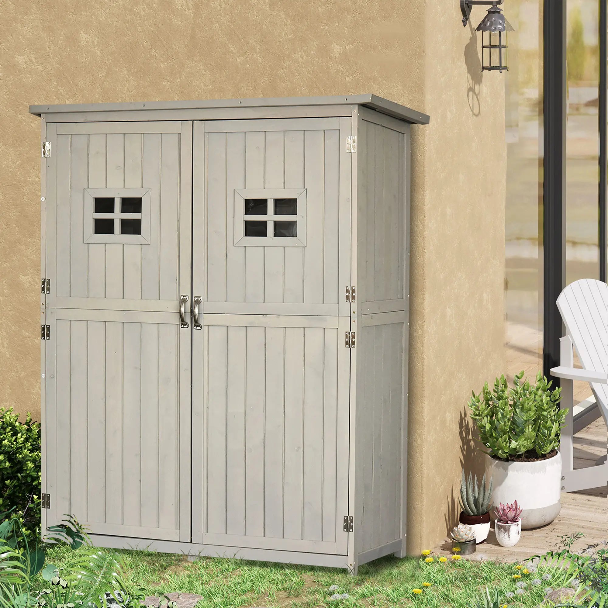Large Wooden Garden Storage Shed with Windows & Shelves – Fir Wood Outdoor Tool Cabinet, Double Door, Weather Resistant, Grey, 127.5 x 50 x 164 cm