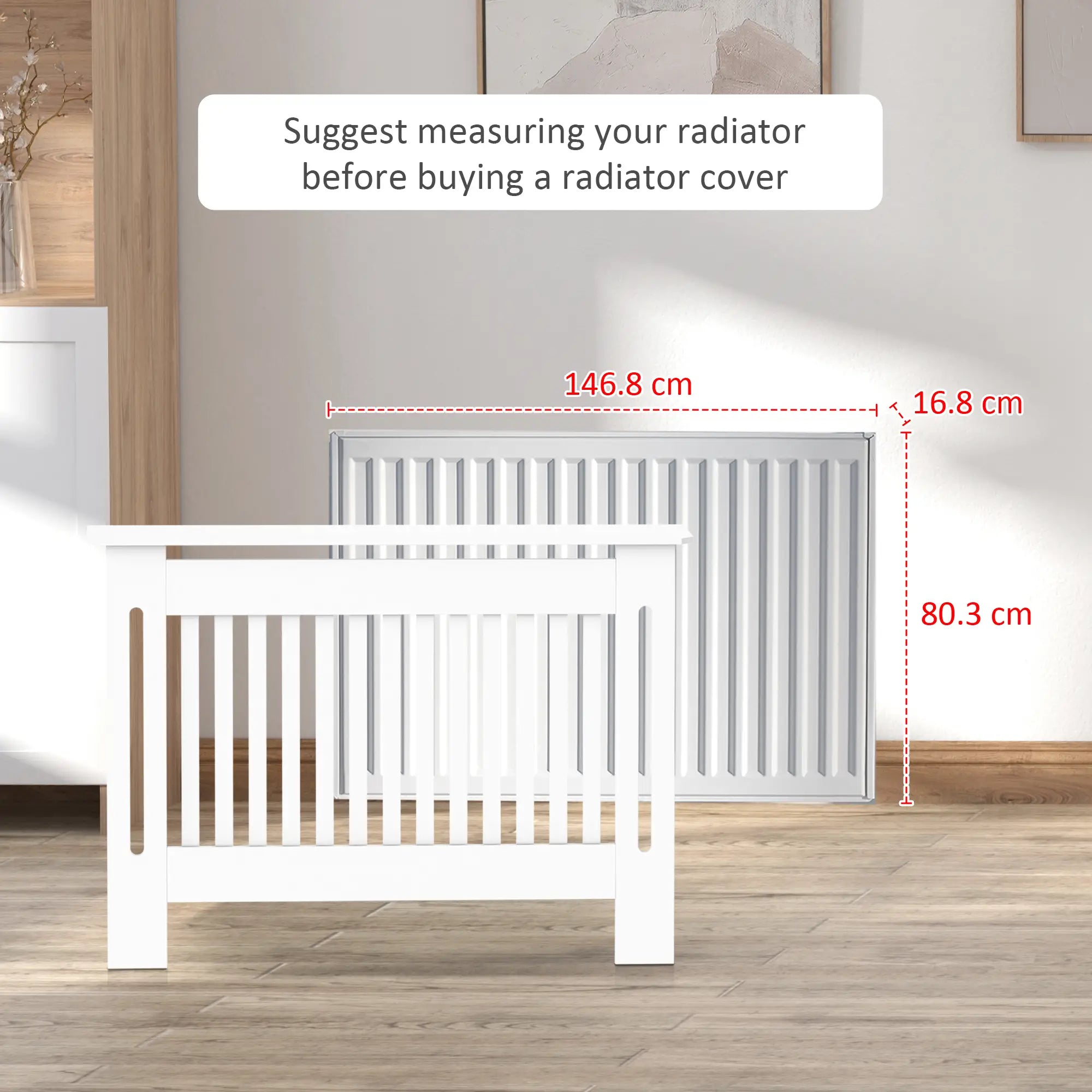 Slatted Radiator Cover Cabinet with Storage Shelf – Modern MDF White Painted Heater Cover, 152 x 19 x 81 cm