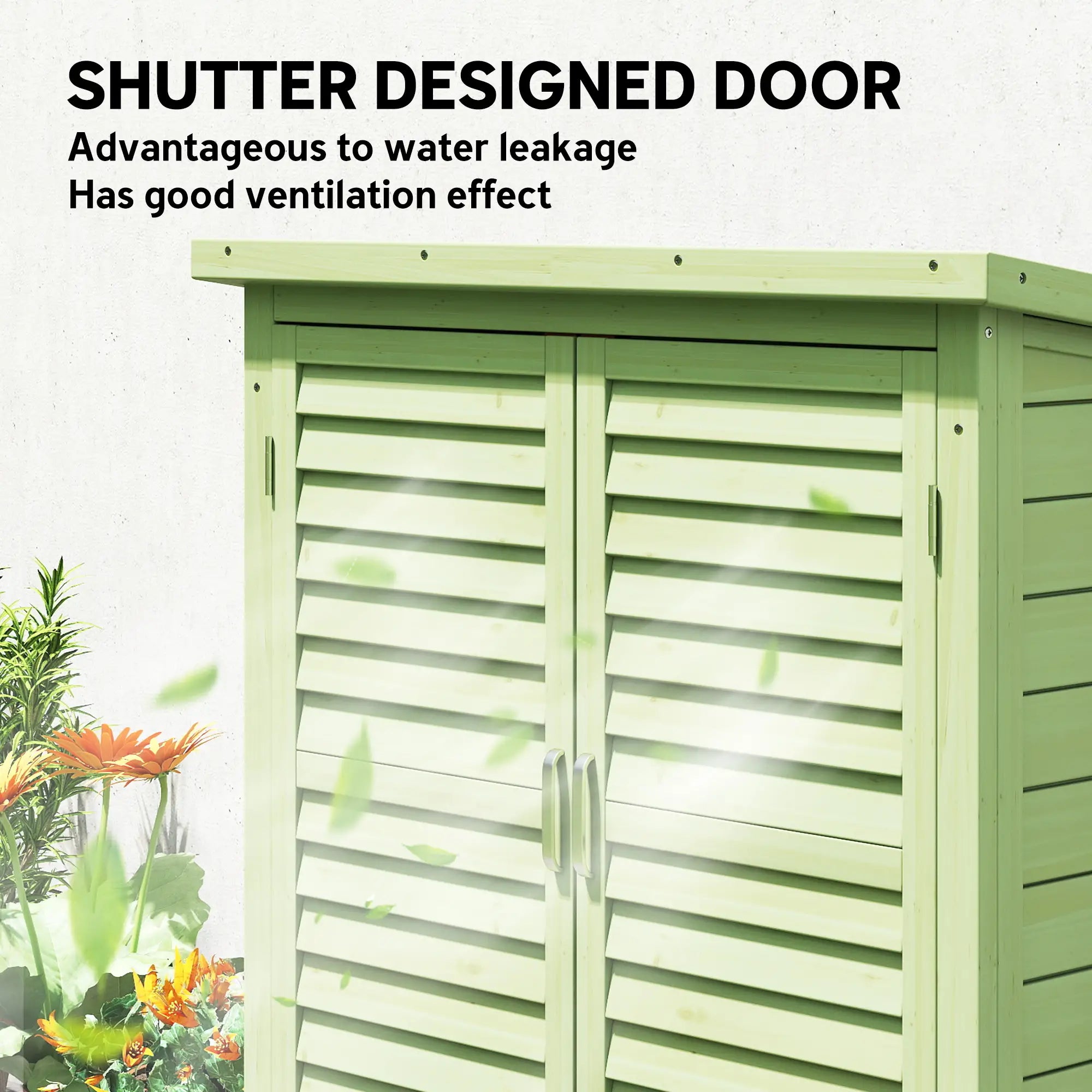 Wooden Garden Storage Shed with 2 Doors & Shelves – Solid Fir Wood Outdoor Tool Cabinet, Weather Resistant, Green, 87 x 46.5 x 96.5 cm