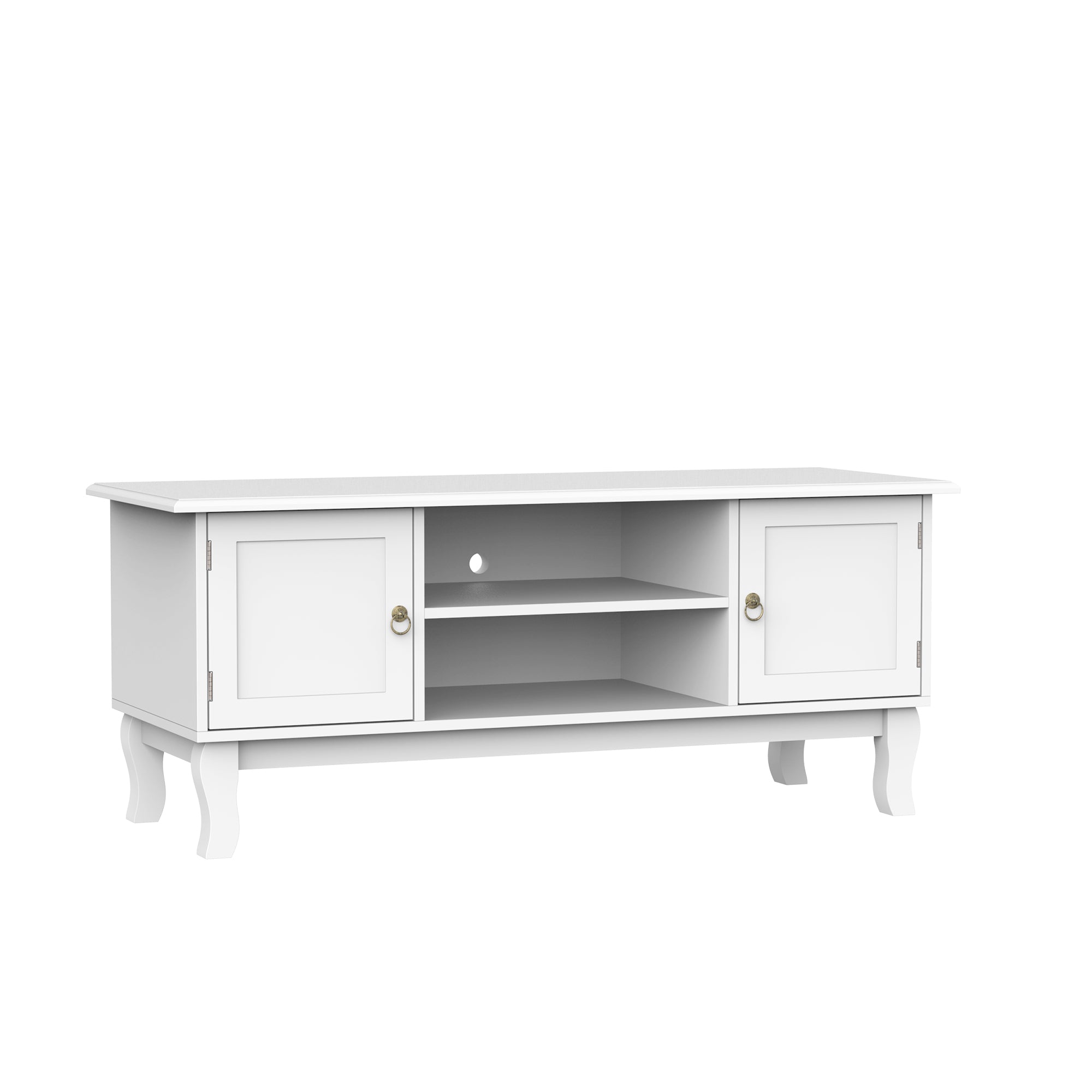 White TV Unit for TVs up to 55" – Modern TV Cabinet with 2 Doors, Open Shelves & Cable Management, 120cm Entertainment Unit