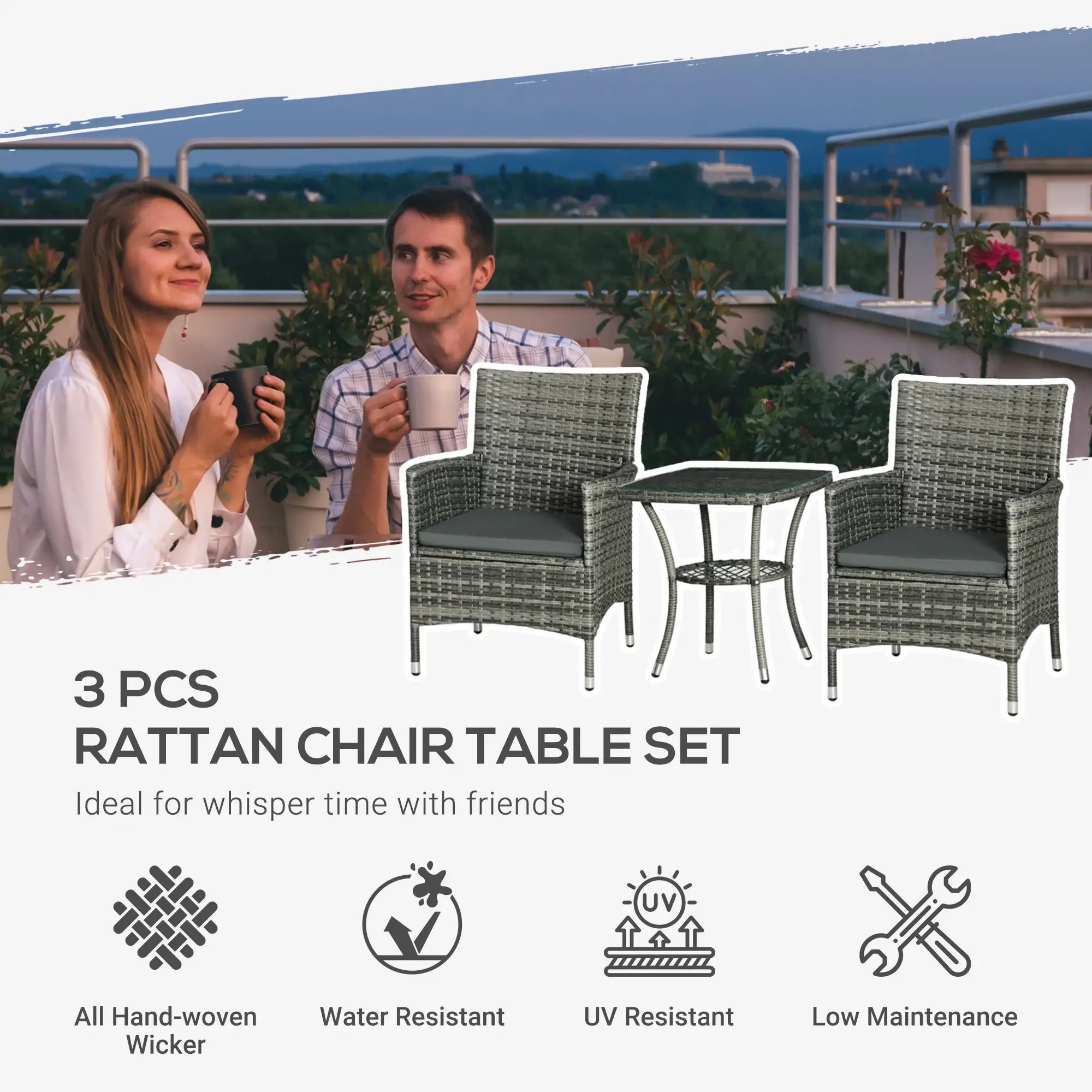 3 Piece Rattan Bistro Set with Cushions, 2 Chairs & 2-Tier Glass Coffee Table, Outdoor Wicker Garden Furniture for Patio & Balcony – Mixed Grey