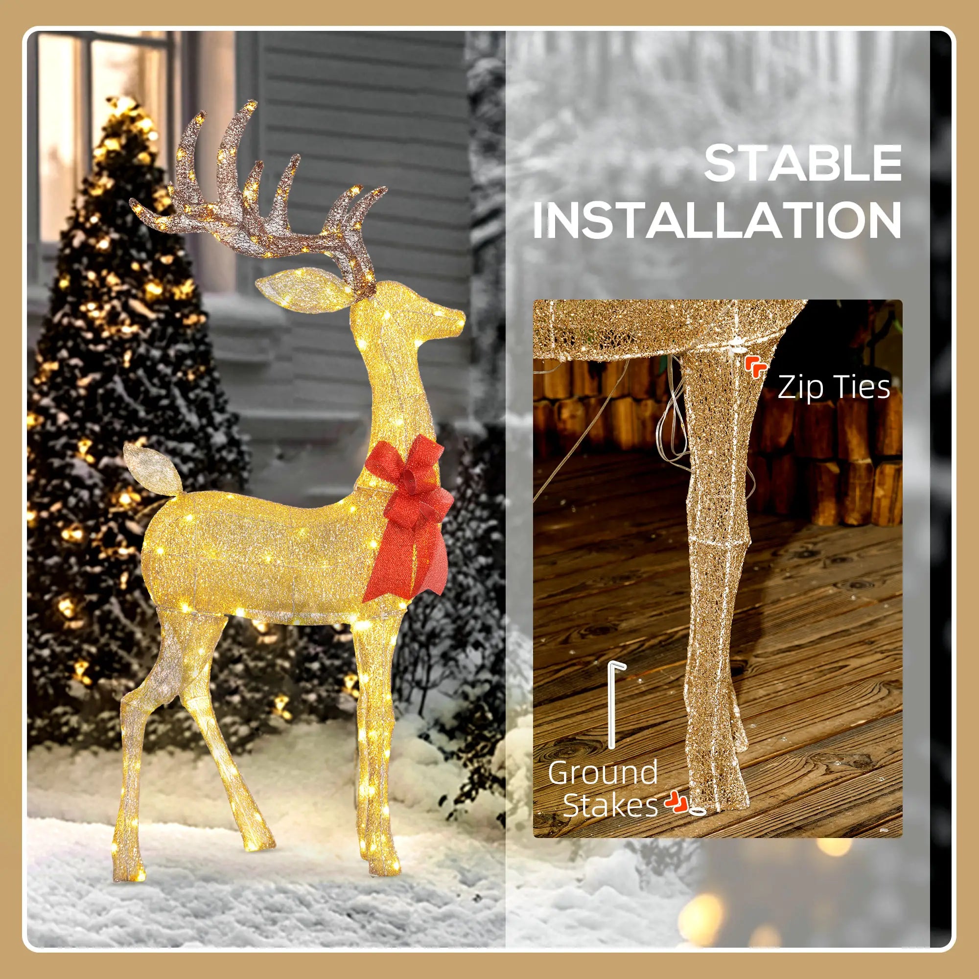 Lighted Reindeer Christmas Decoration – 137 Warm LED Outdoor Christmas Deer, Gold Tone with Steel Frame
