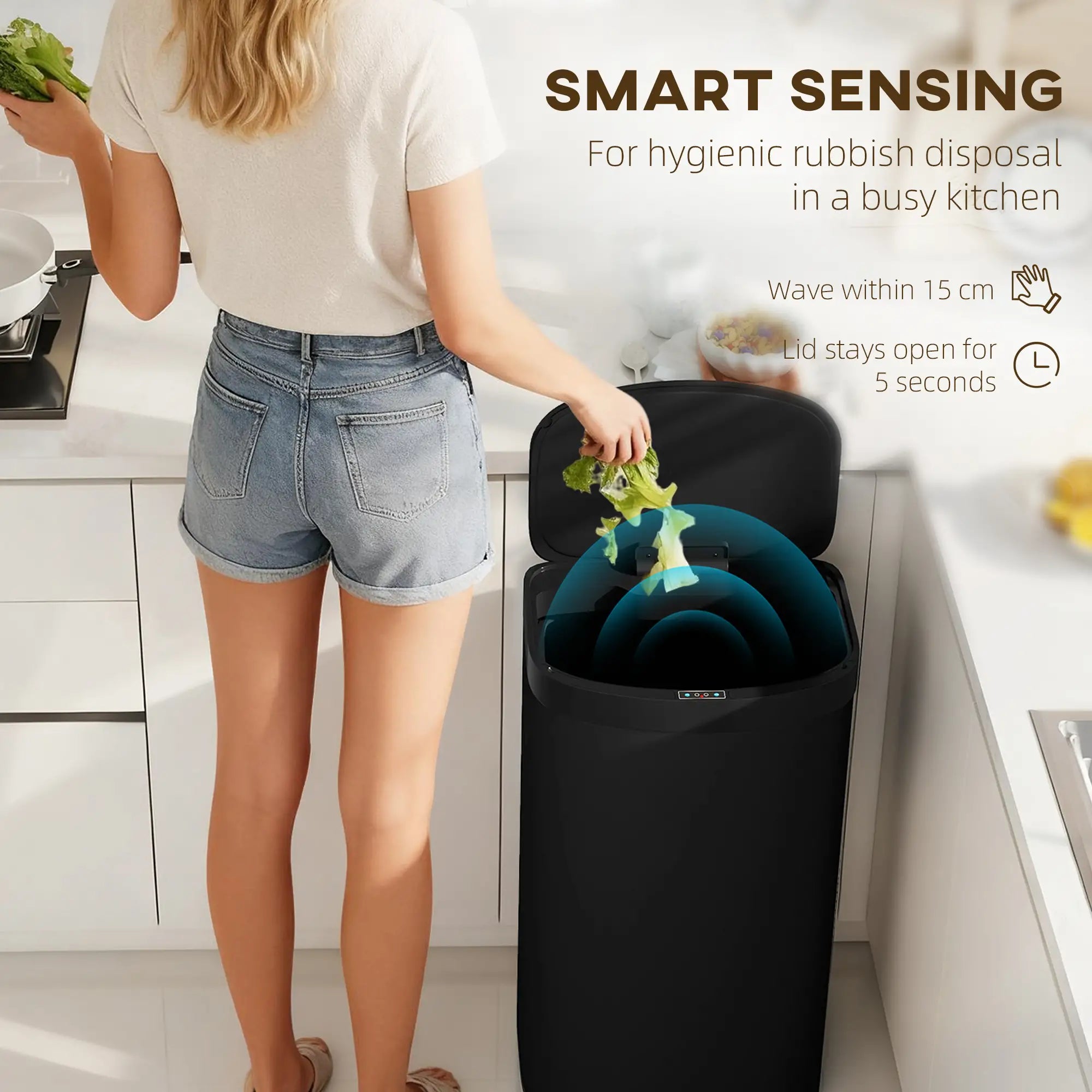 55L Automatic Sensor Bin – Touchless Kitchen Waste Bin with Soft-Close Lid, Stainless Steel, Fingerprint-Resistant, Black