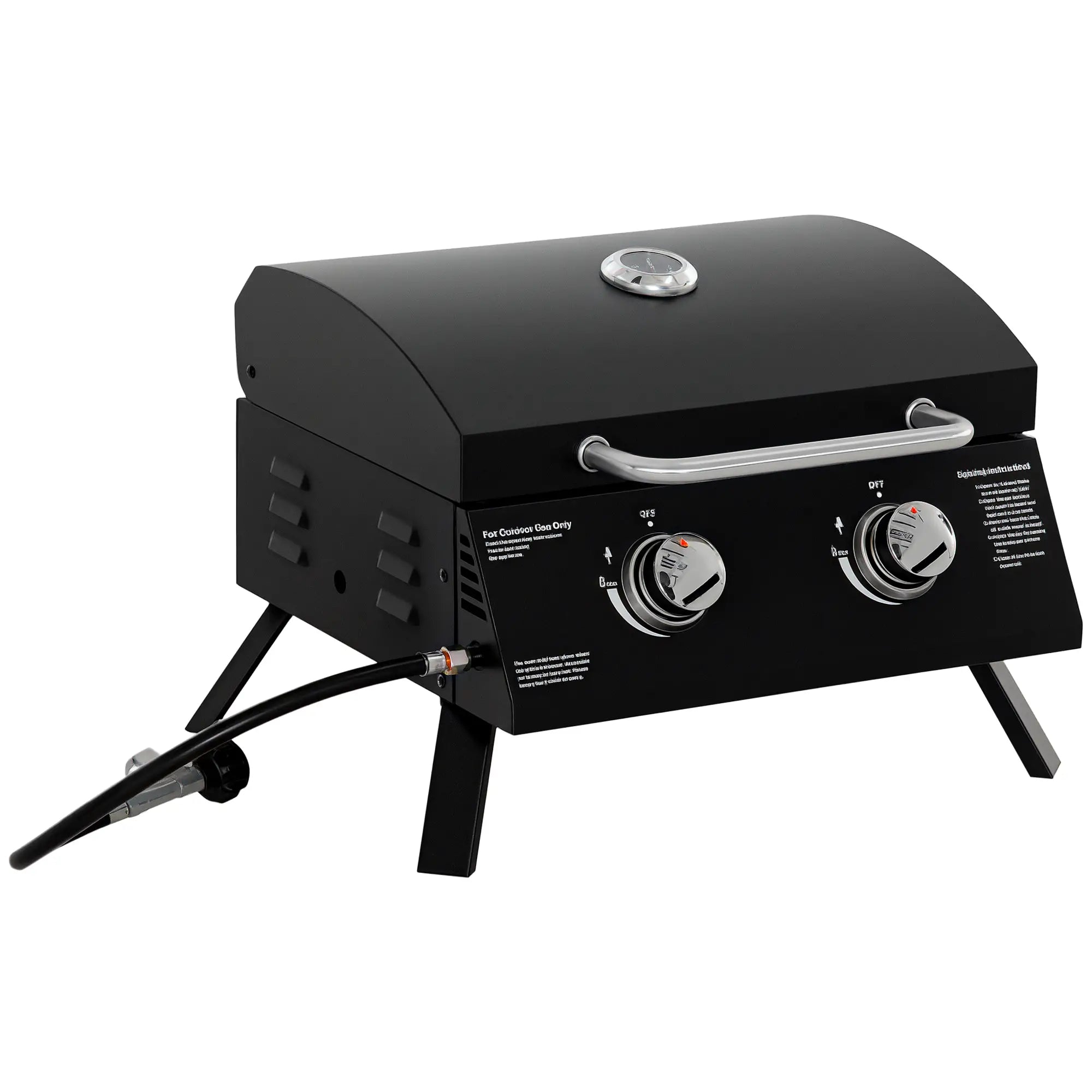 2 Burner Portable Gas BBQ Grill with Lid & Thermometer, Folding Tabletop Outdoor Barbecue, Carbon Steel Body, 5.86kW – Black
