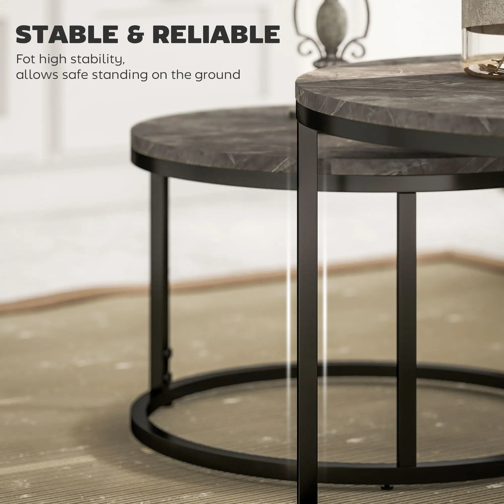 Industrial Nesting Coffee Tables Set of 2 – Round Faux Marble Top & Black Steel Frame, Space-Saving Living Room Tables