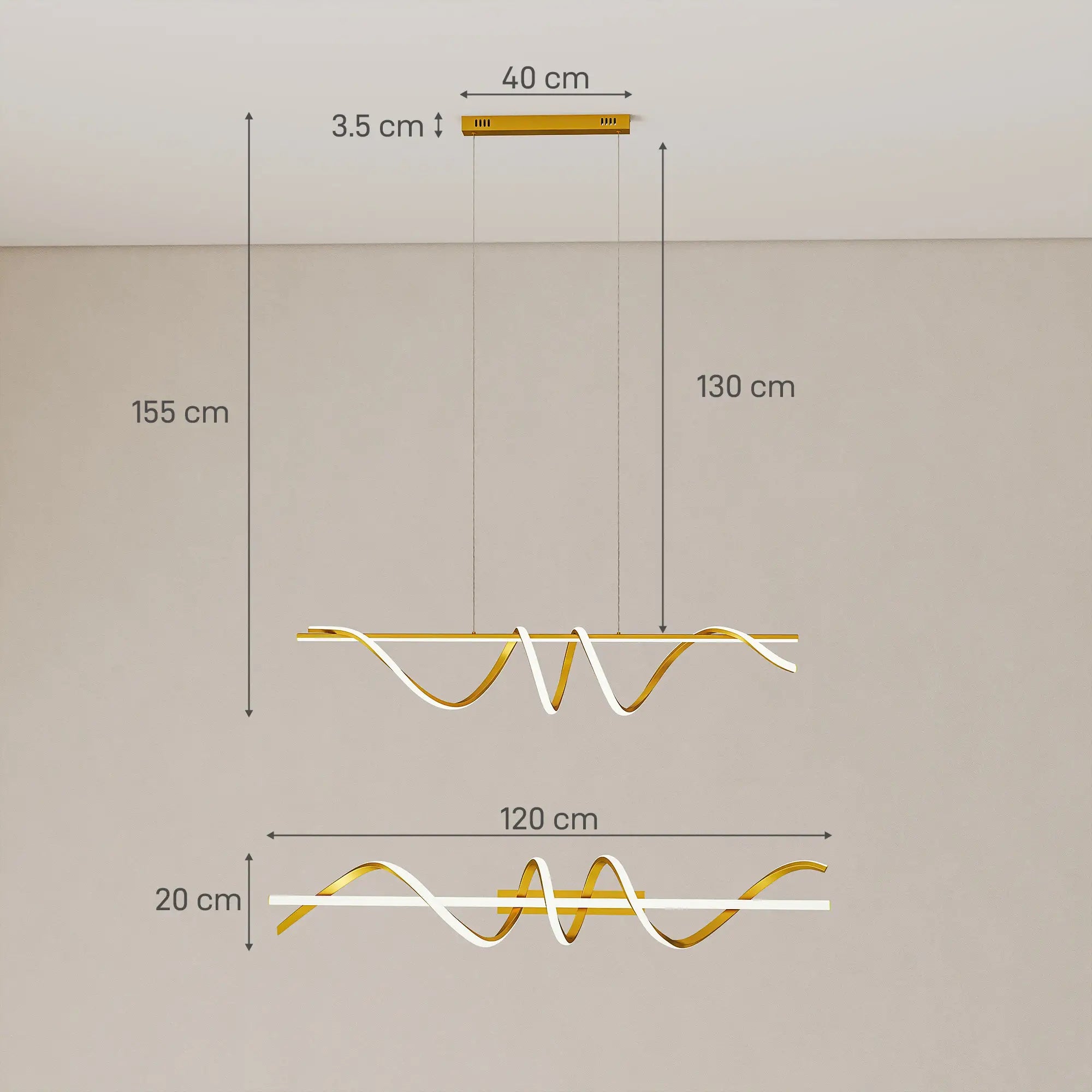 Modern LED Pendant Light with 3 Colour Temperatures – Gold Tone, Adjustable Height, 45W, 3500 Lumens, 120 cm