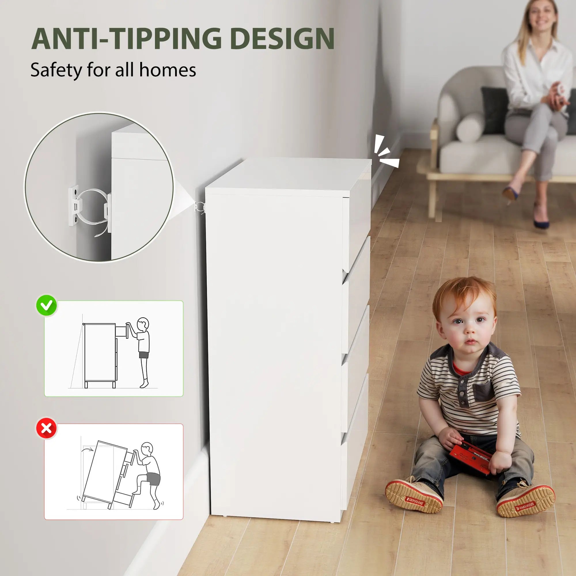 High Gloss Chest of Drawers – 4 Drawer Modern Storage Dresser for Bedroom & Living Room, White, 80 cm