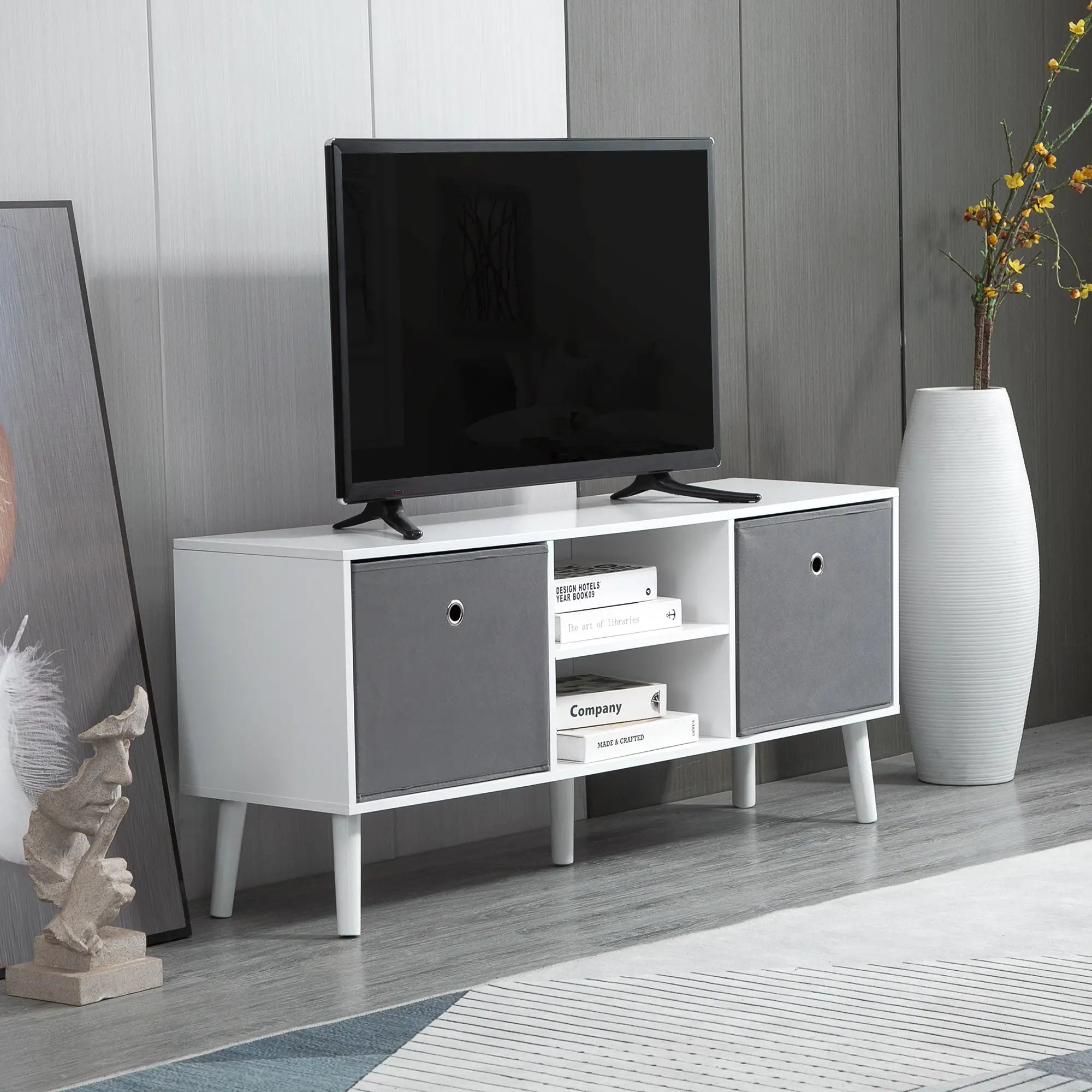 TV Stand for TVs up to 50 – White TV Cabinet with Foldable Drawers & Open Shelves, Modern Entertainment Unit