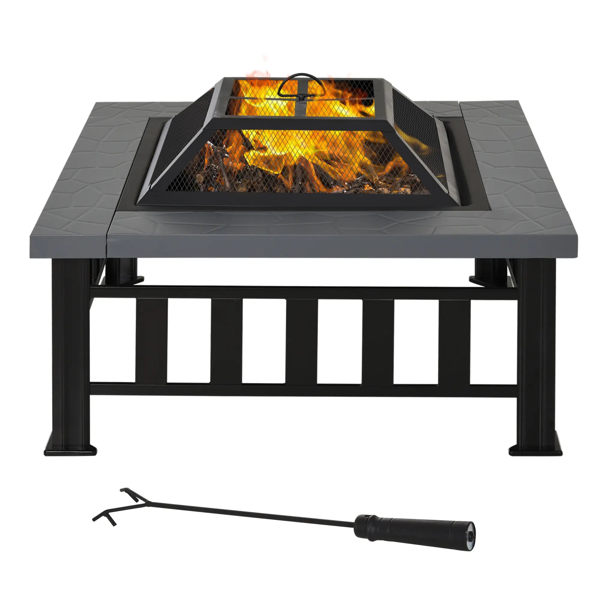 Large Metal Outdoor Fire Pit Square Brazier with Cover Lid