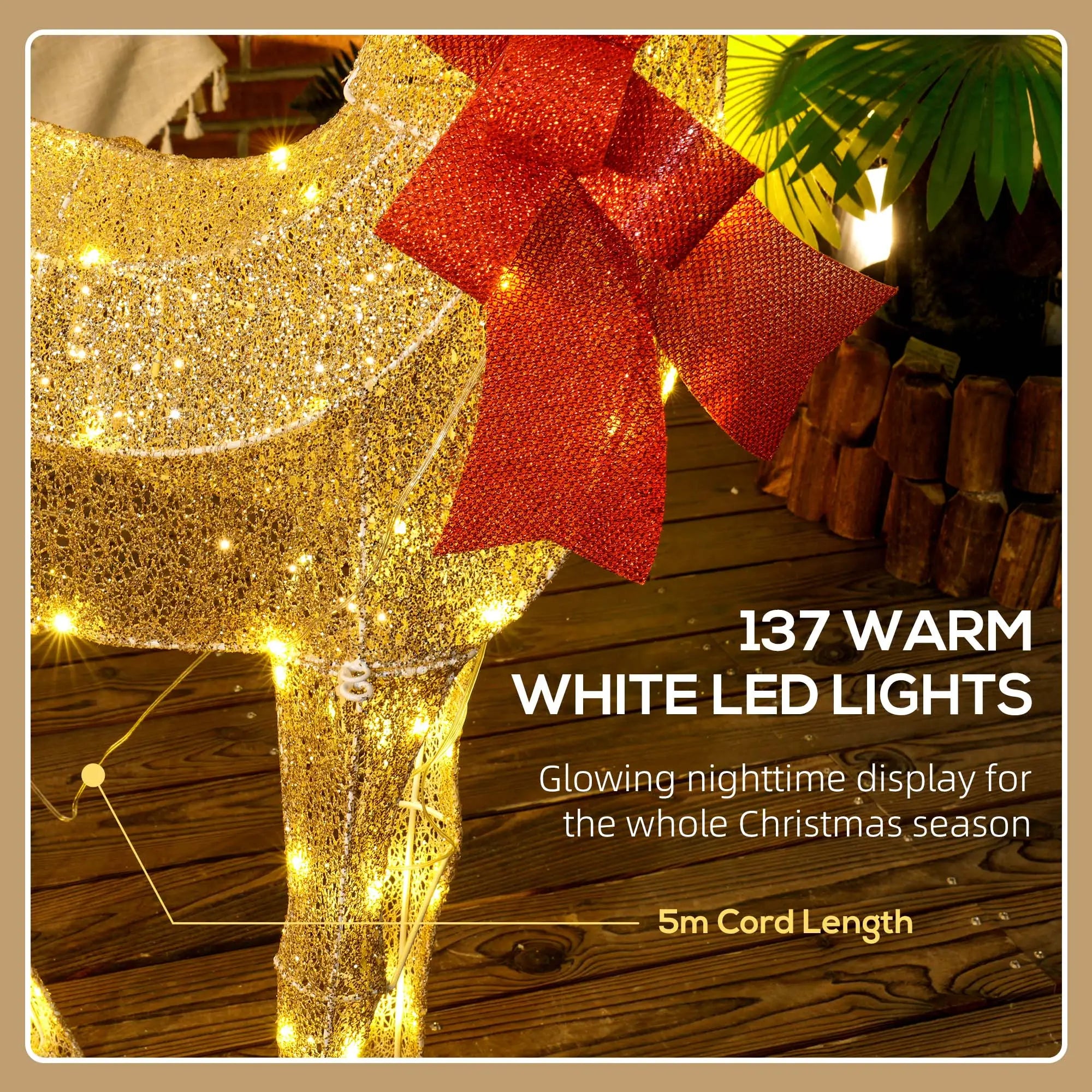 Lighted Reindeer Christmas Decoration – 137 Warm LED Outdoor Christmas Deer, Gold Tone with Steel Frame