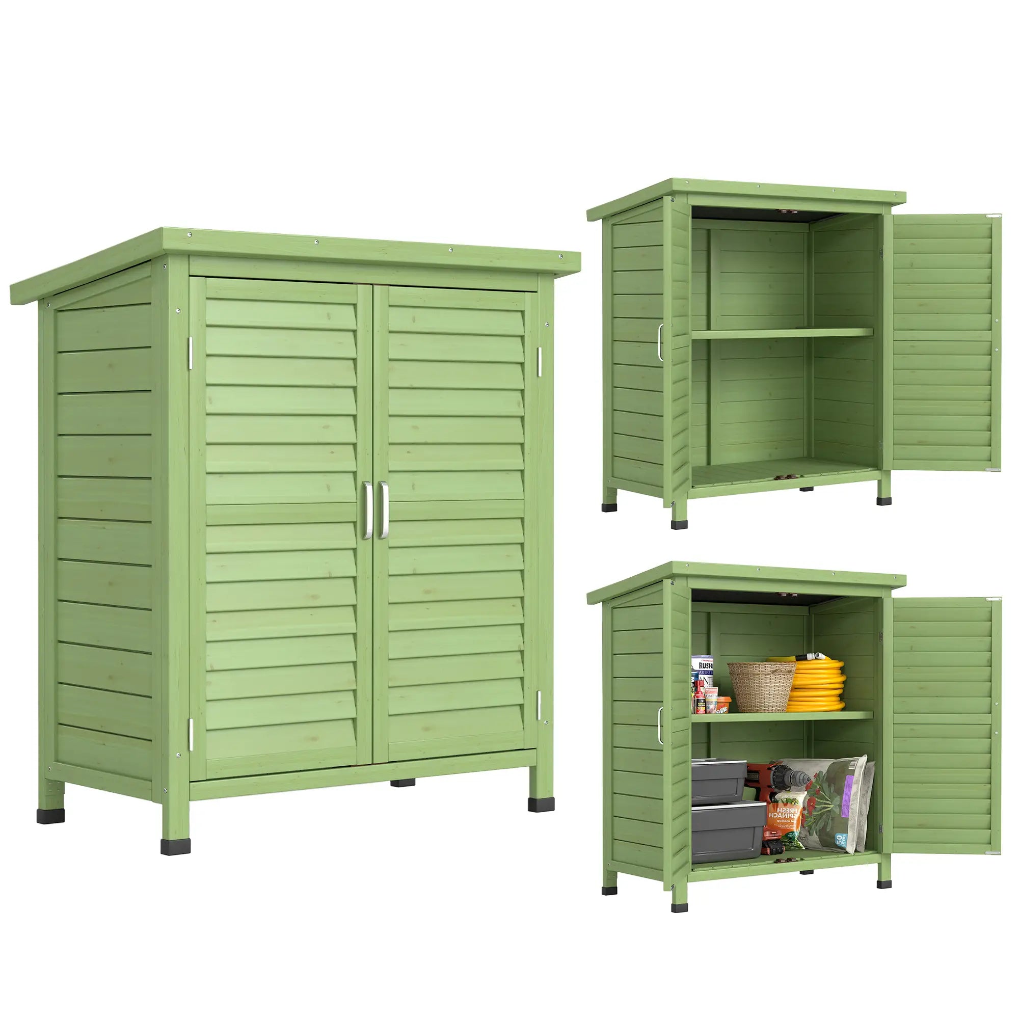 Wooden Garden Storage Shed with 2 Doors & Shelves – Solid Fir Wood Outdoor Tool Cabinet, Weather Resistant, Green, 87 x 46.5 x 96.5 cm