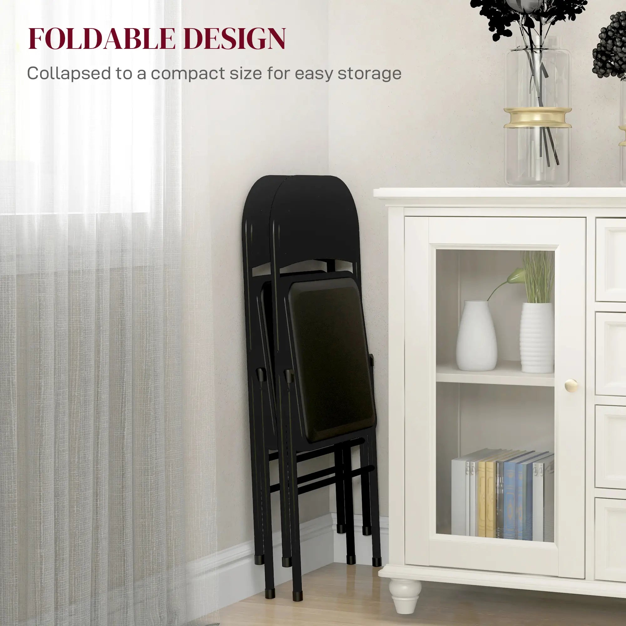 Set of 2 Cushioned Folding Chairs – Black Foldable Steel Frame Chairs with Padded Seat & Back