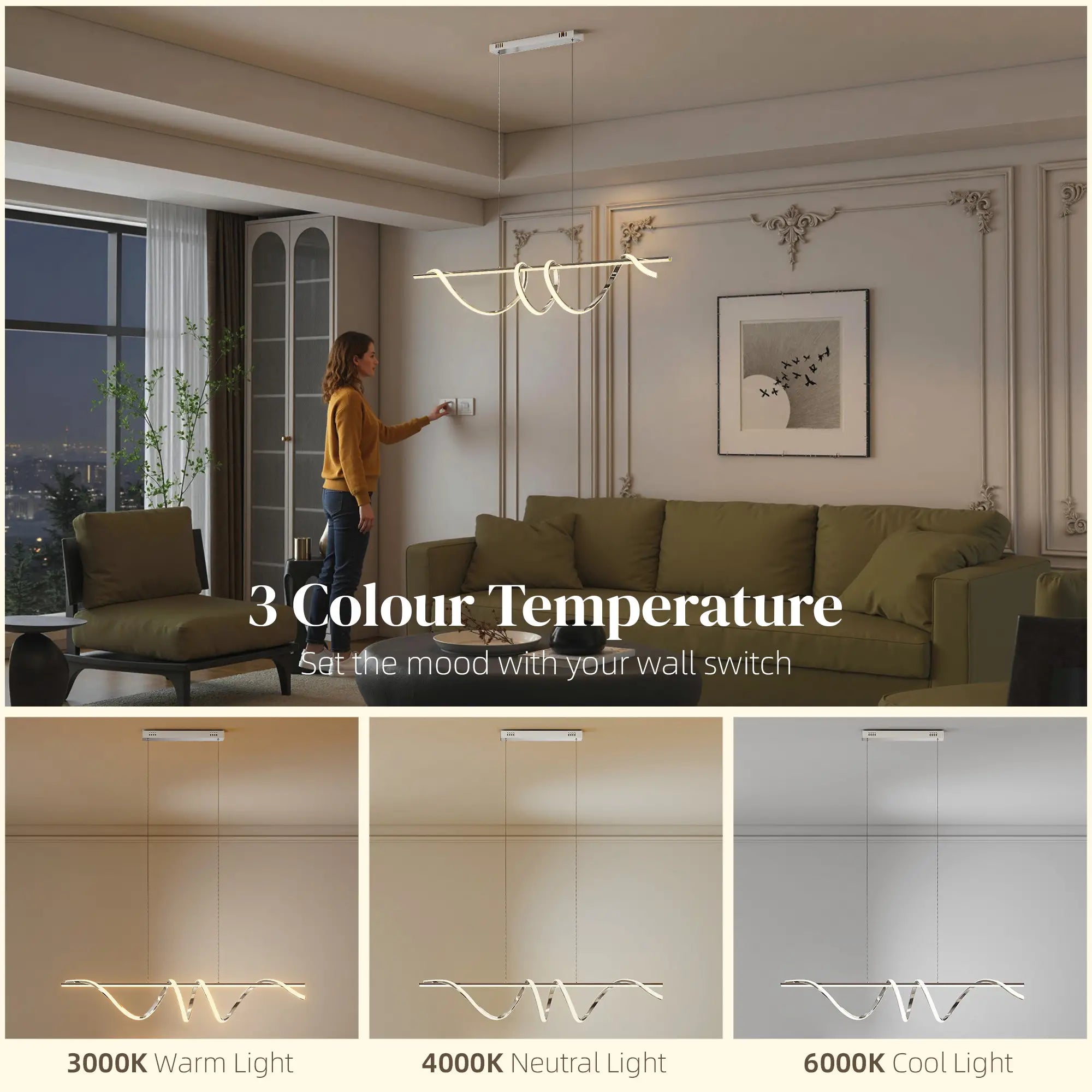 Modern LED Pendant Light with 3 Colour Temperatures – Silver, Adjustable Height, 45W, 3500 Lumens, 120 cm