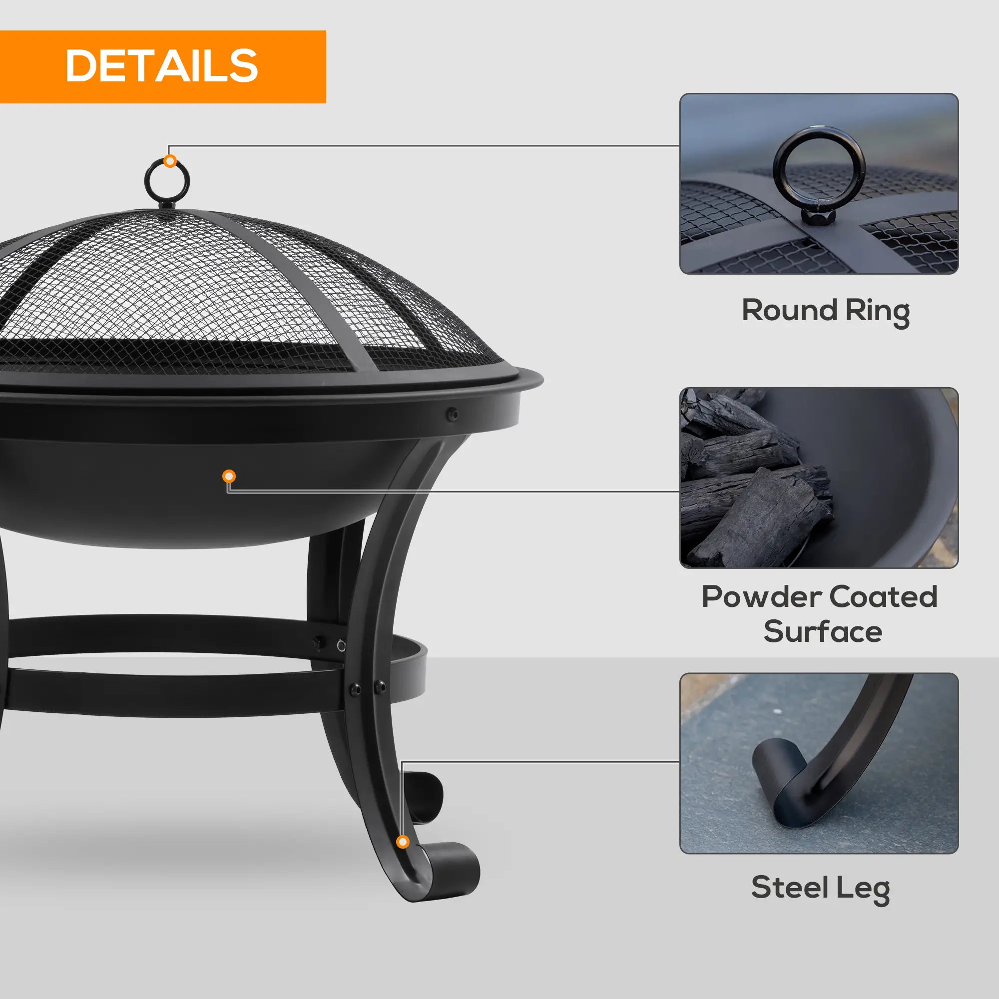 Outdoor Fire Pit 55cm, Steel Firepit with Mesh Spark Guard Lid & Poker, Round Garden Fire Bowl for Camping, Bonfire & Patio – Black