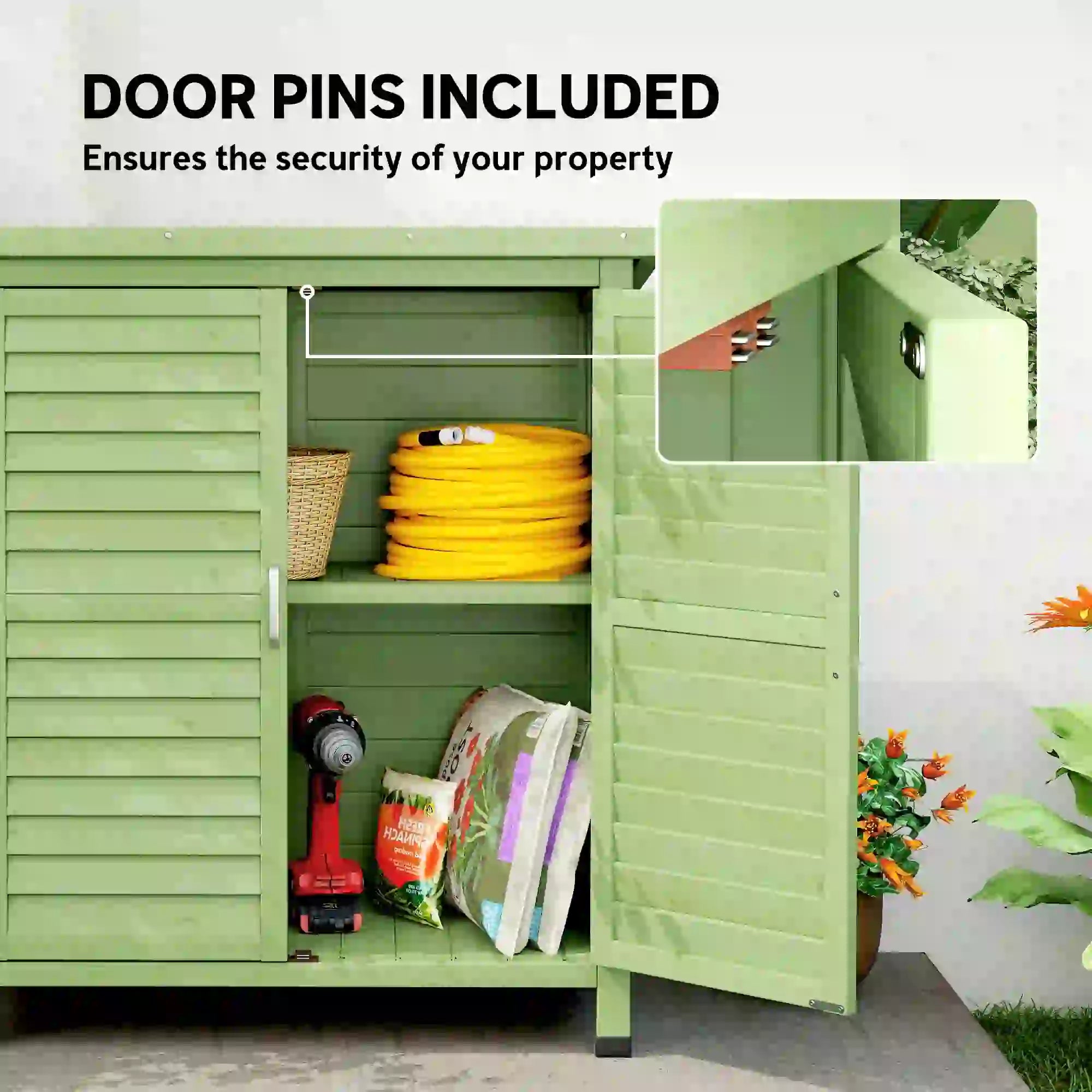 Wooden Garden Storage Shed with 2 Doors & Shelves – Solid Fir Wood Outdoor Tool Cabinet, Weather Resistant, Green, 87 x 46.5 x 96.5 cm