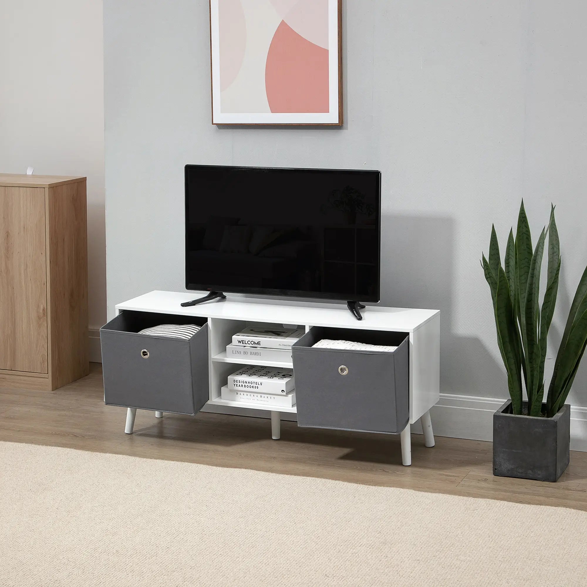 TV Stand for TVs up to 50 – White TV Cabinet with Foldable Drawers & Open Shelves, Modern Entertainment Unit