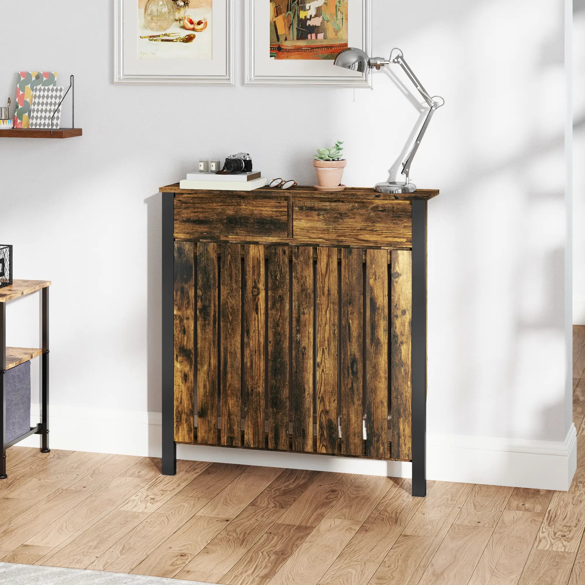 Rustic Radiator Cover with Drawer – Industrial MDF Heater Cover Cabinet, Brown & Black, 88.5 x 19 x 93 cm