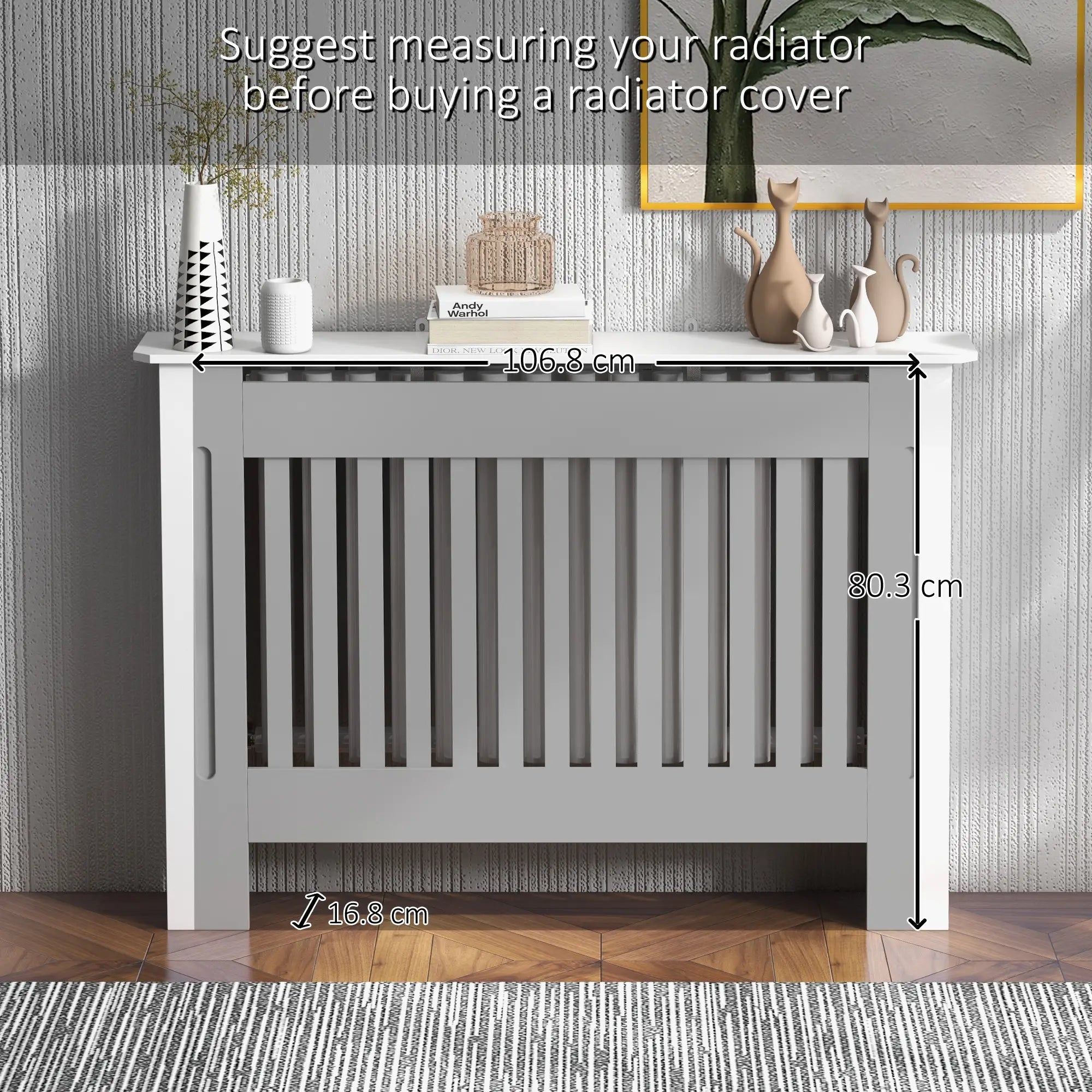 Slatted Radiator Cover Cabinet with Top Shelf – MDF Painted Heater Cover with Vented Grill, White, 112 x 19 x 81 cm