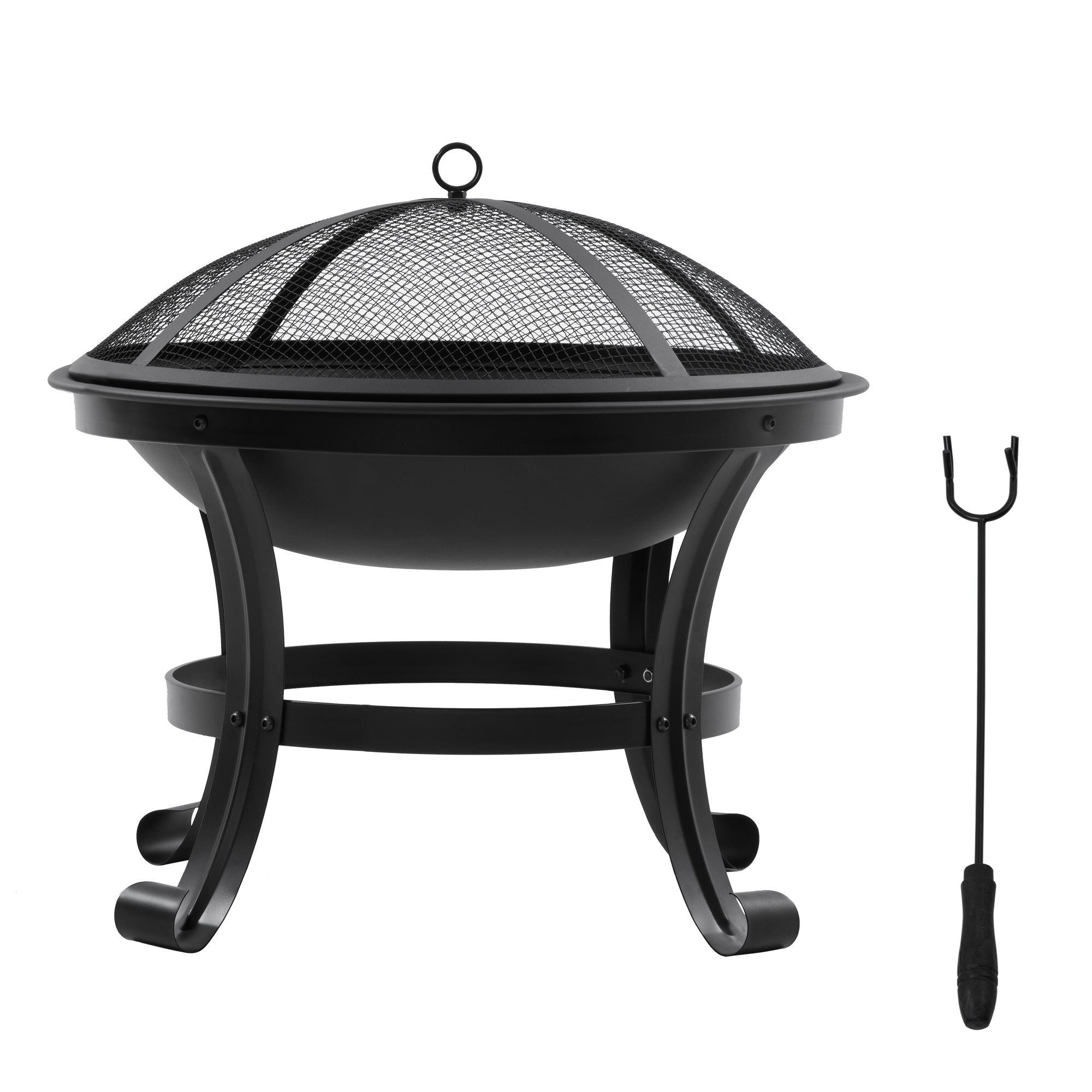 Outdoor Fire Pit 55cm, Steel Firepit with Mesh Spark Guard Lid & Poker, Round Garden Fire Bowl for Camping, Bonfire & Patio – Black