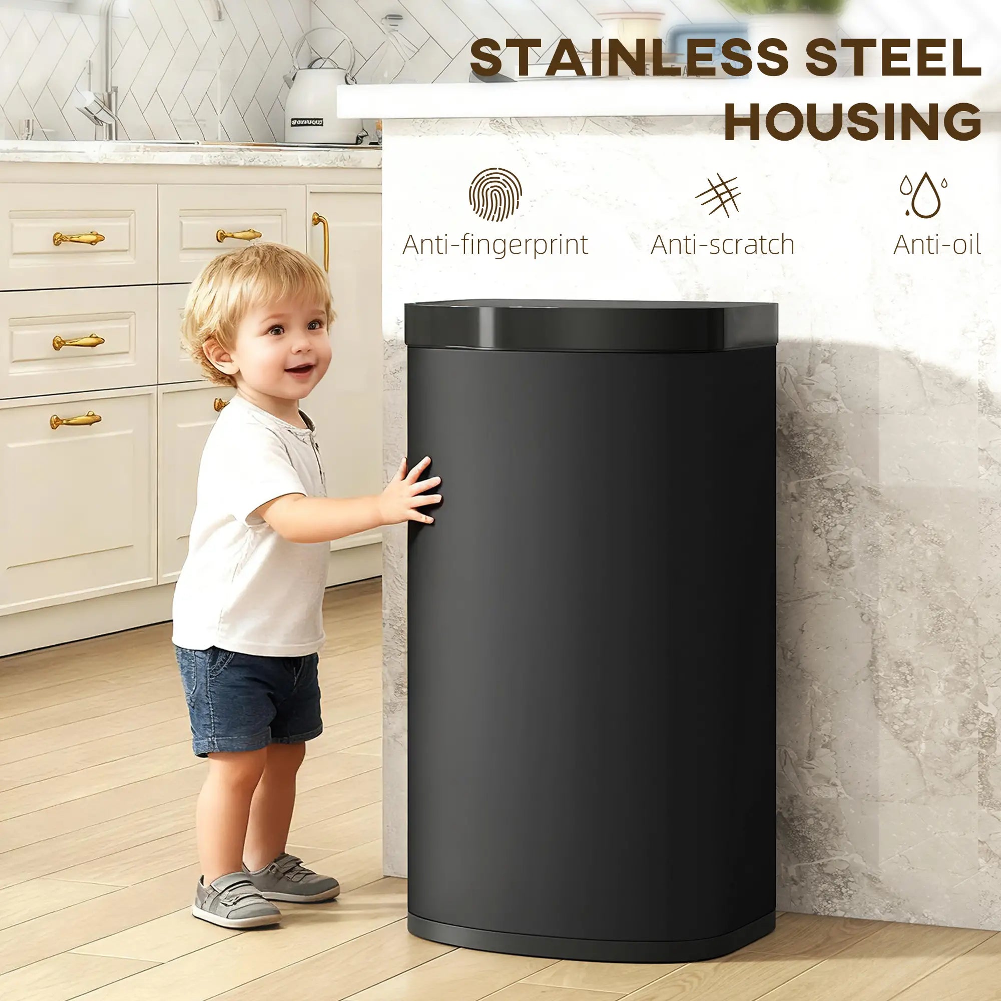 55L Automatic Sensor Bin – Touchless Kitchen Waste Bin with Soft-Close Lid, Stainless Steel, Fingerprint-Resistant, Black