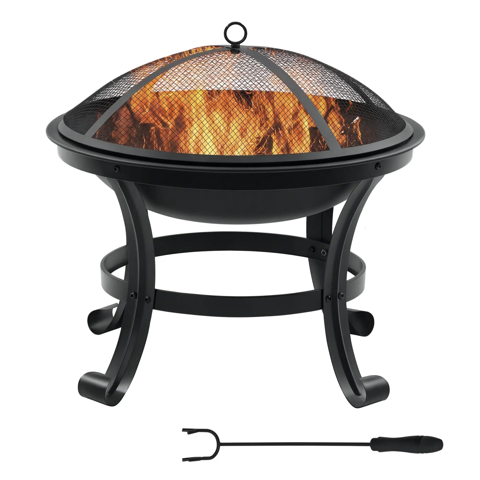 Outdoor Fire Pit 55cm, Steel Firepit with Mesh Spark Guard Lid & Poker, Round Garden Fire Bowl for Camping, Bonfire & Patio – Black