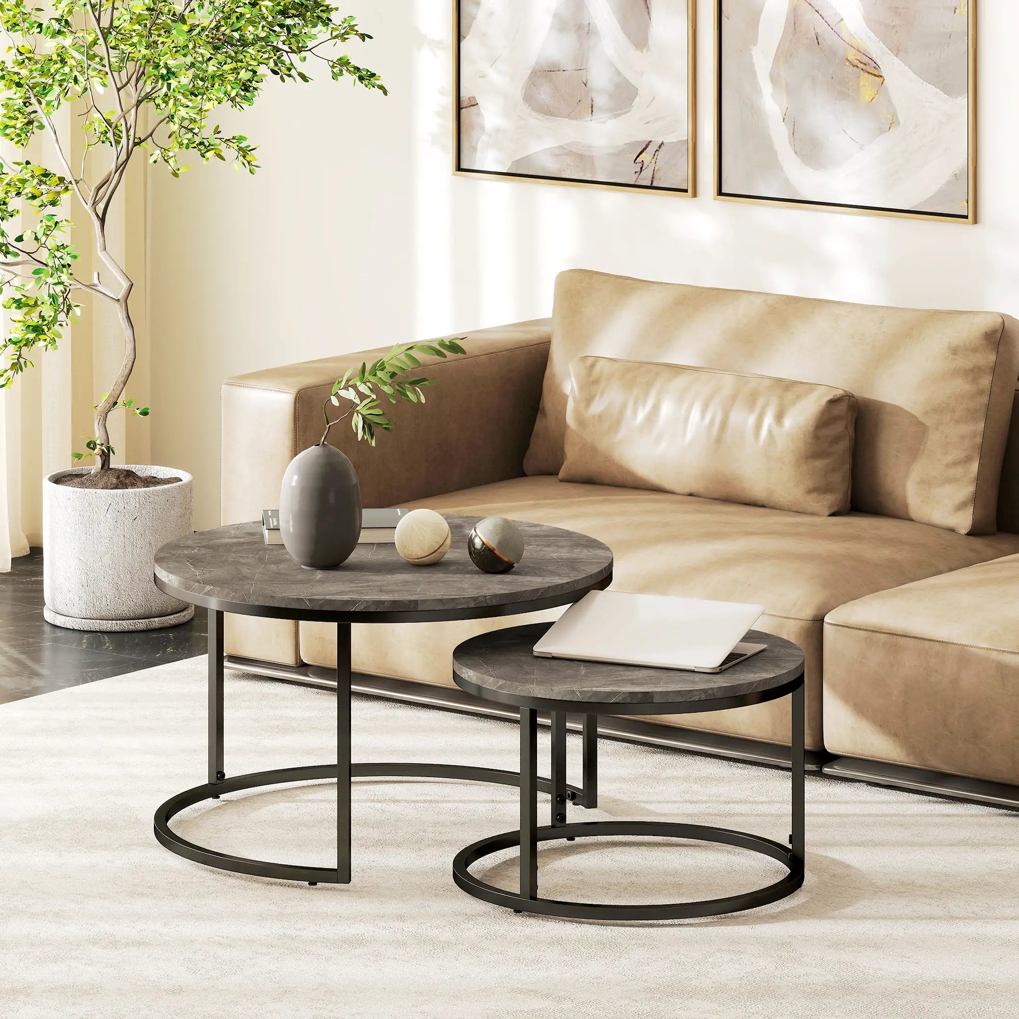 Industrial Nesting Coffee Tables Set of 2 – Round Faux Marble Top & Black Steel Frame, Space-Saving Living Room Tables
