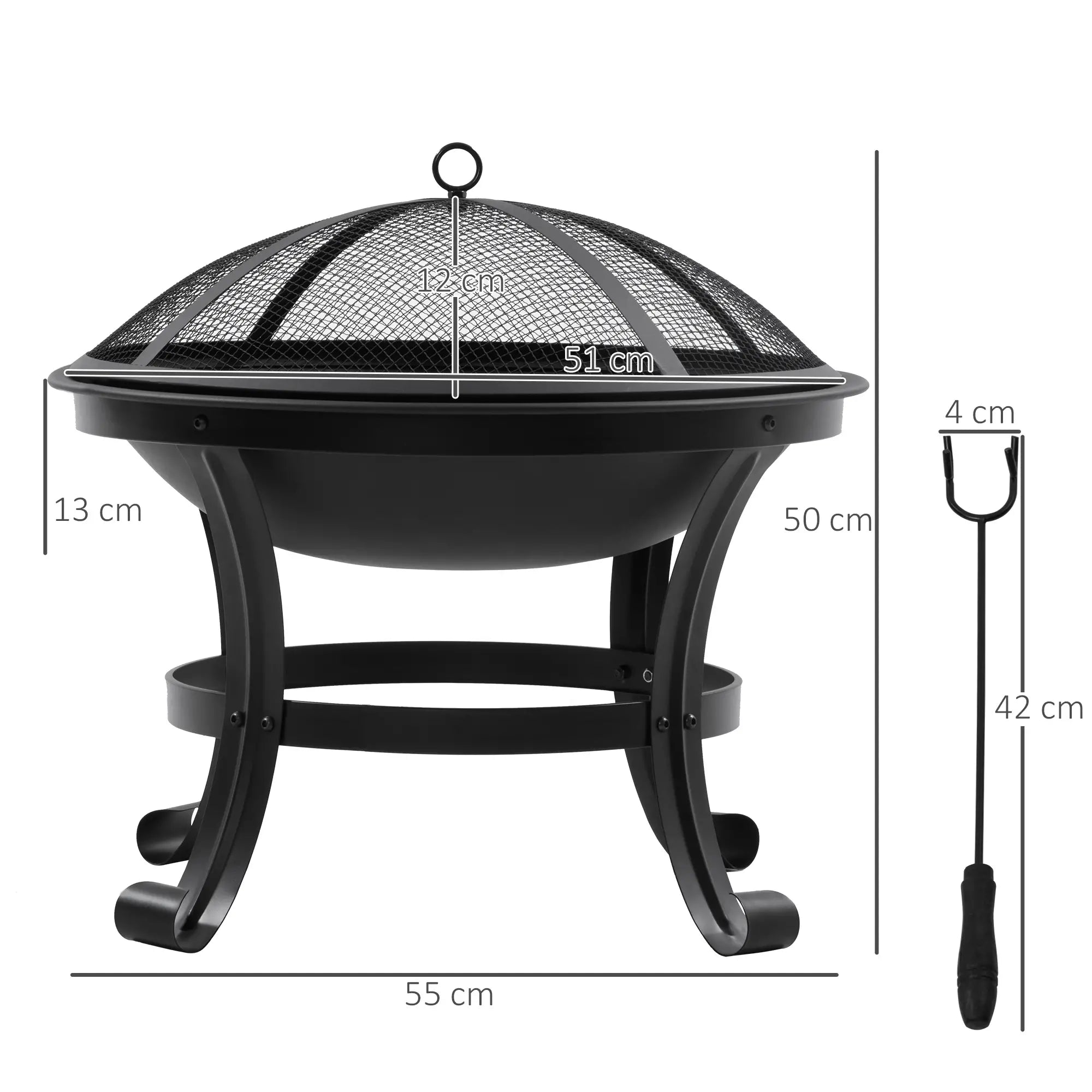 Outdoor Fire Pit 55cm, Steel Firepit with Mesh Spark Guard Lid & Poker, Round Garden Fire Bowl for Camping, Bonfire & Patio – Black
