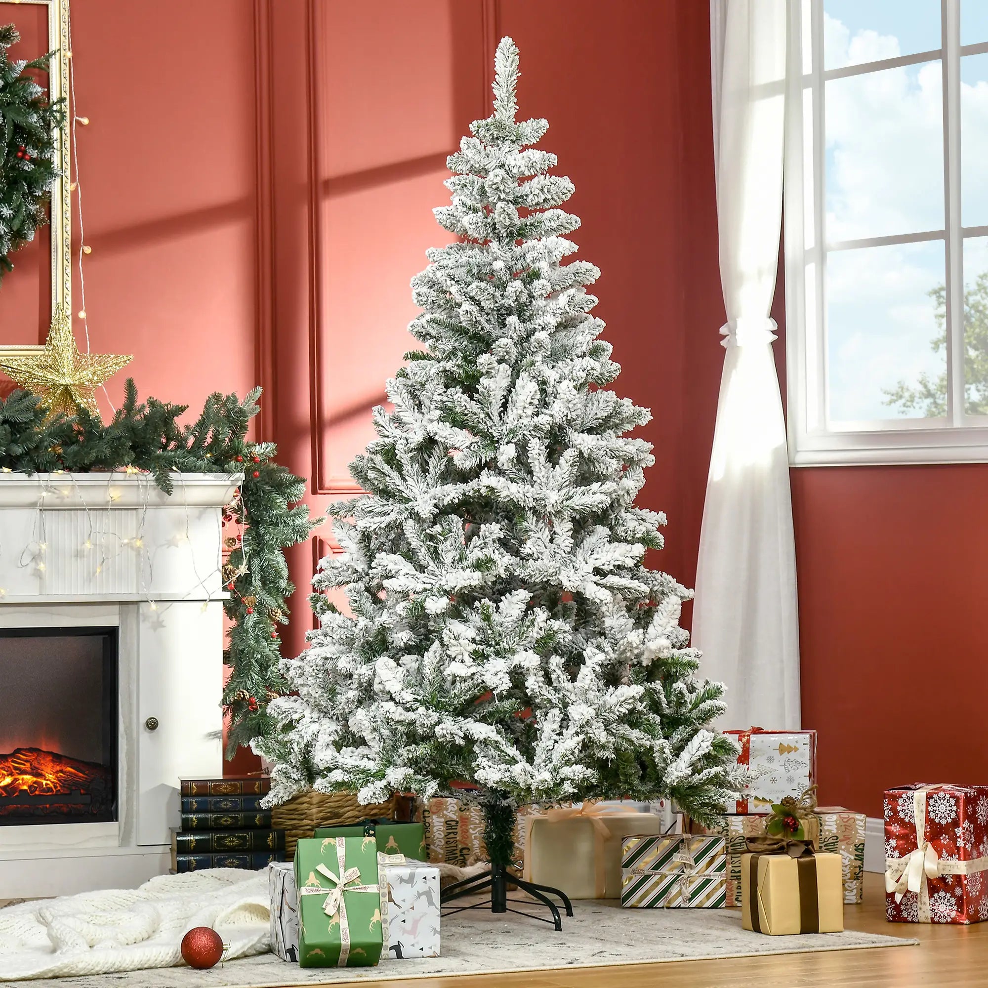 6ft Snow Flocked Artificial Christmas Tree – Full Unlit Xmas Pine with 750 Tips, Auto-Open Hinges & Steel Stand