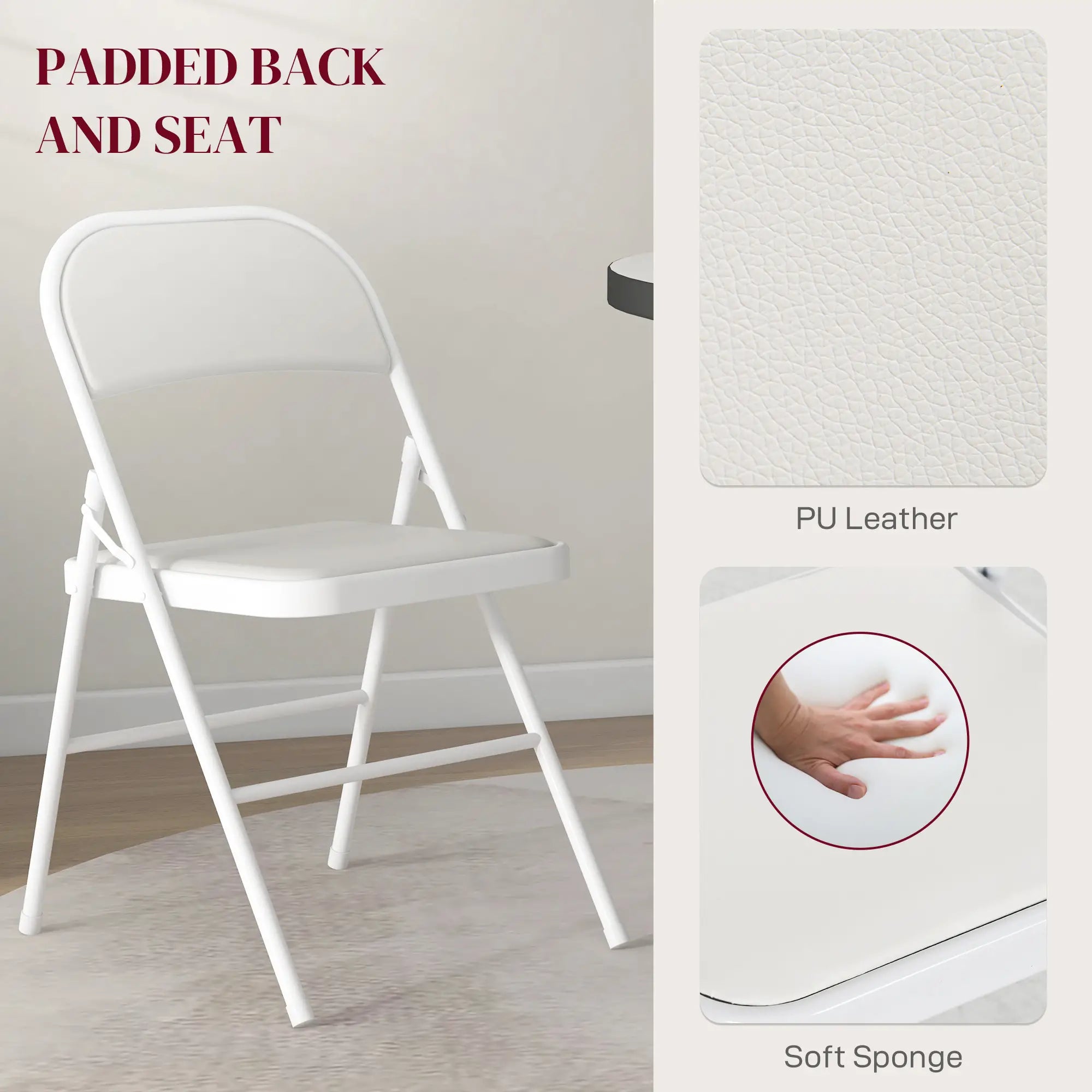 Set of 2 Cushioned Folding Chairs – White Foldable Steel Frame Chairs with Padded Seat & Back