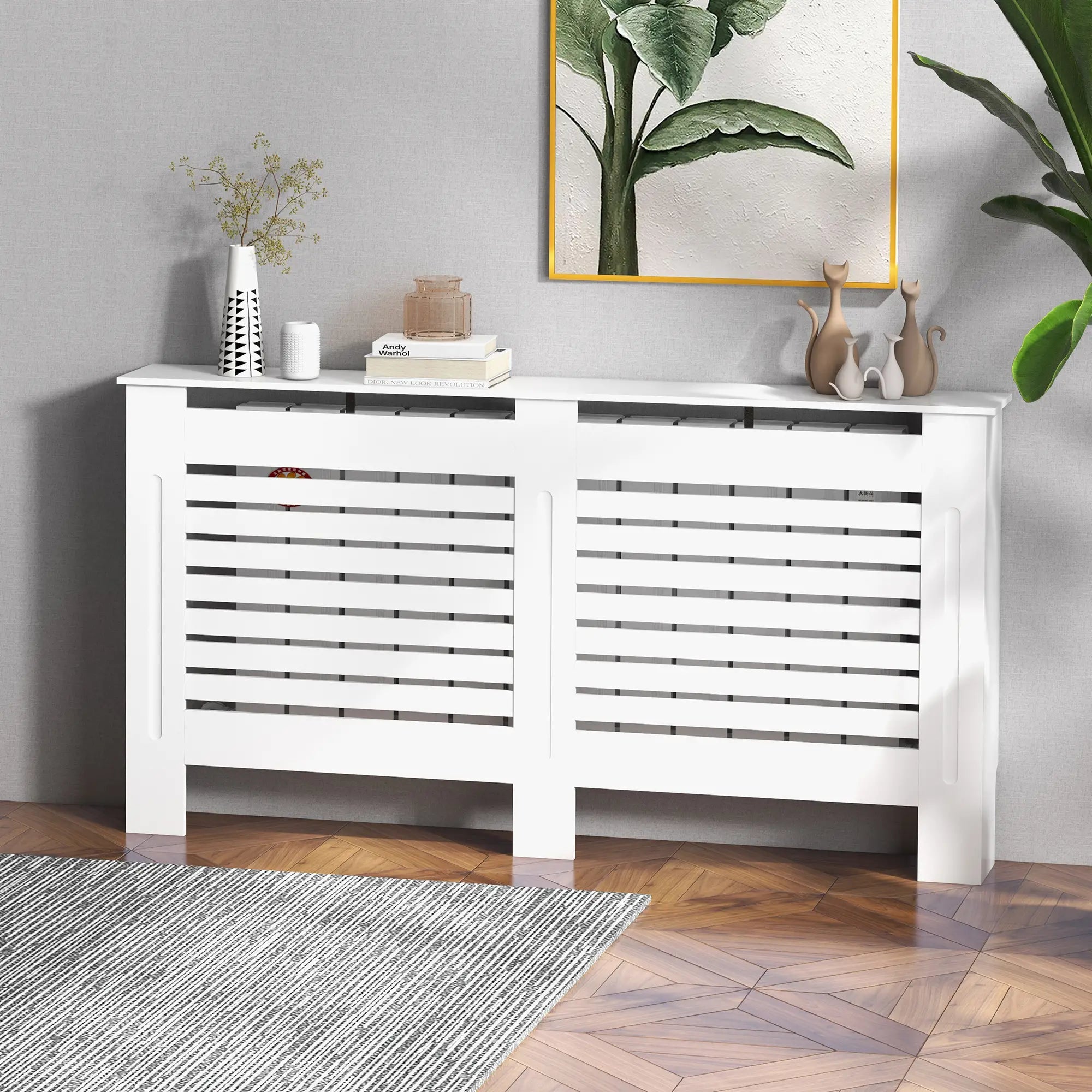 Radiator Cover Cabinet with Top Shelf – Modern MDF White Painted Heater Cover with Horizontal Slats, 152 x 19 x 81 cm