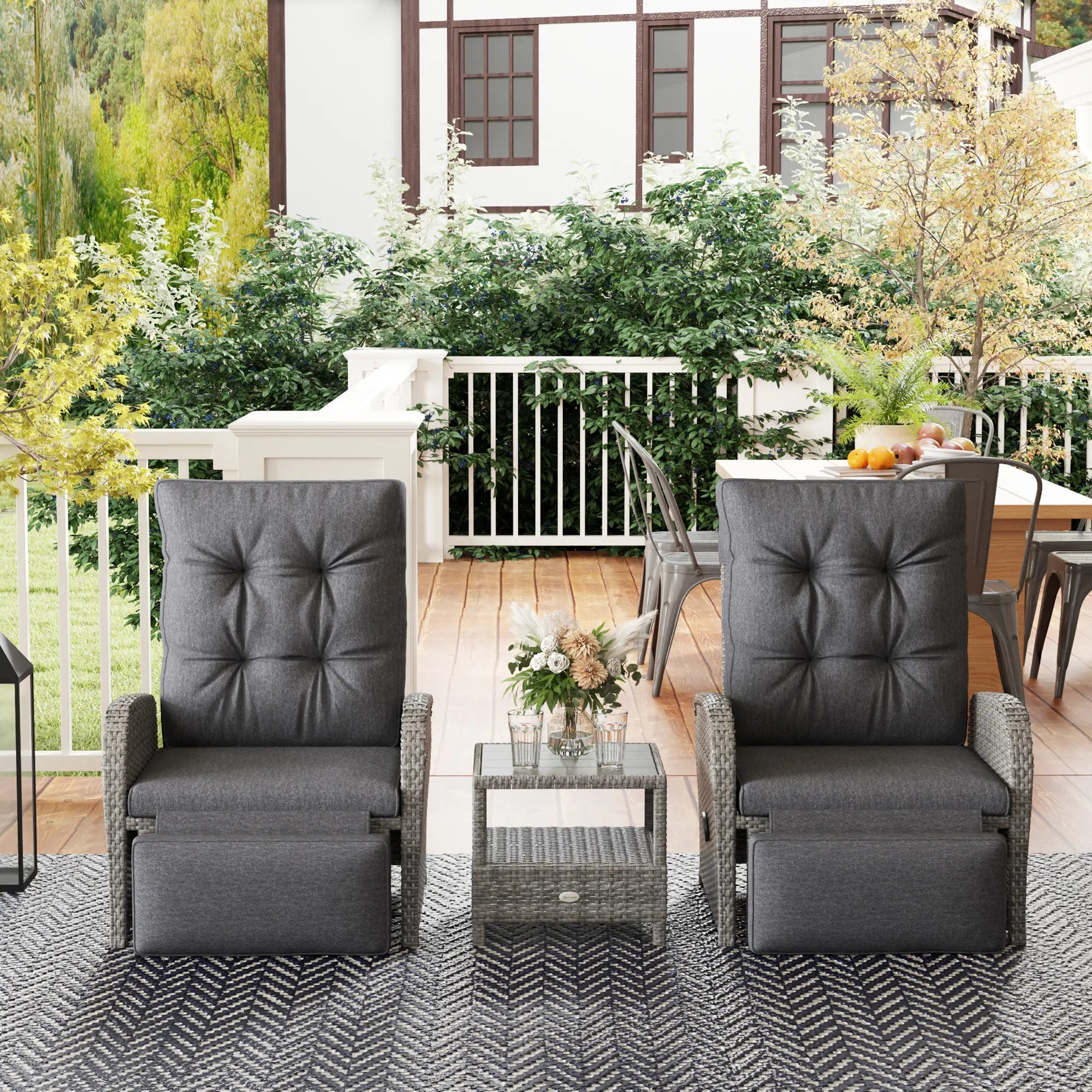 2 Seater Rattan Recliner Sofa Set with Cushions & Table, No Assembly Outdoor Wicker Lounge Chairs with Footrests, Adjustable Backrest – Grey