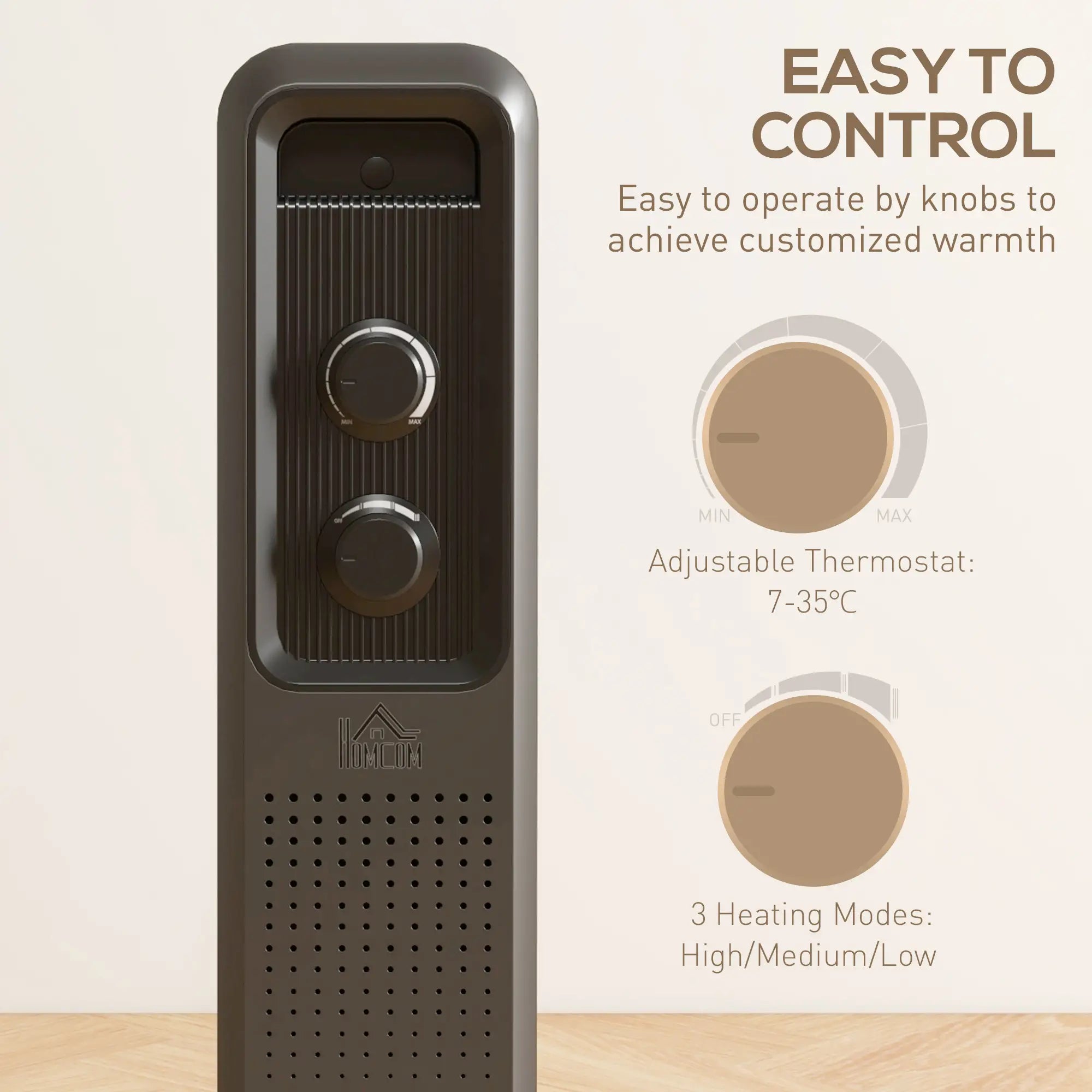 1500W Oil Filled Radiator - Portable Electric Heater with 3 Heat Settings