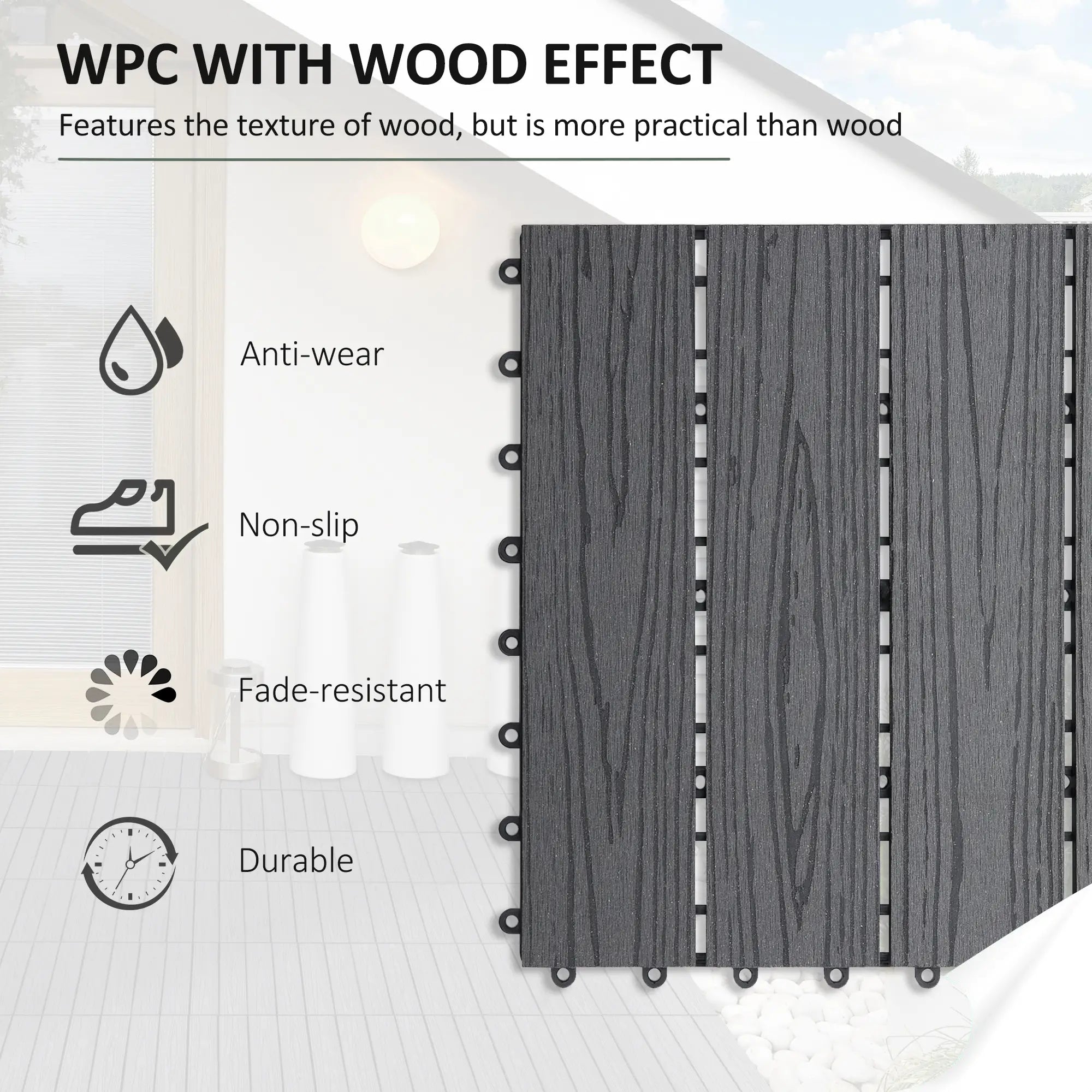 Interlocking Decking Tiles – Pack of 11 Grey Patio Slabs (30 x 30 cm)