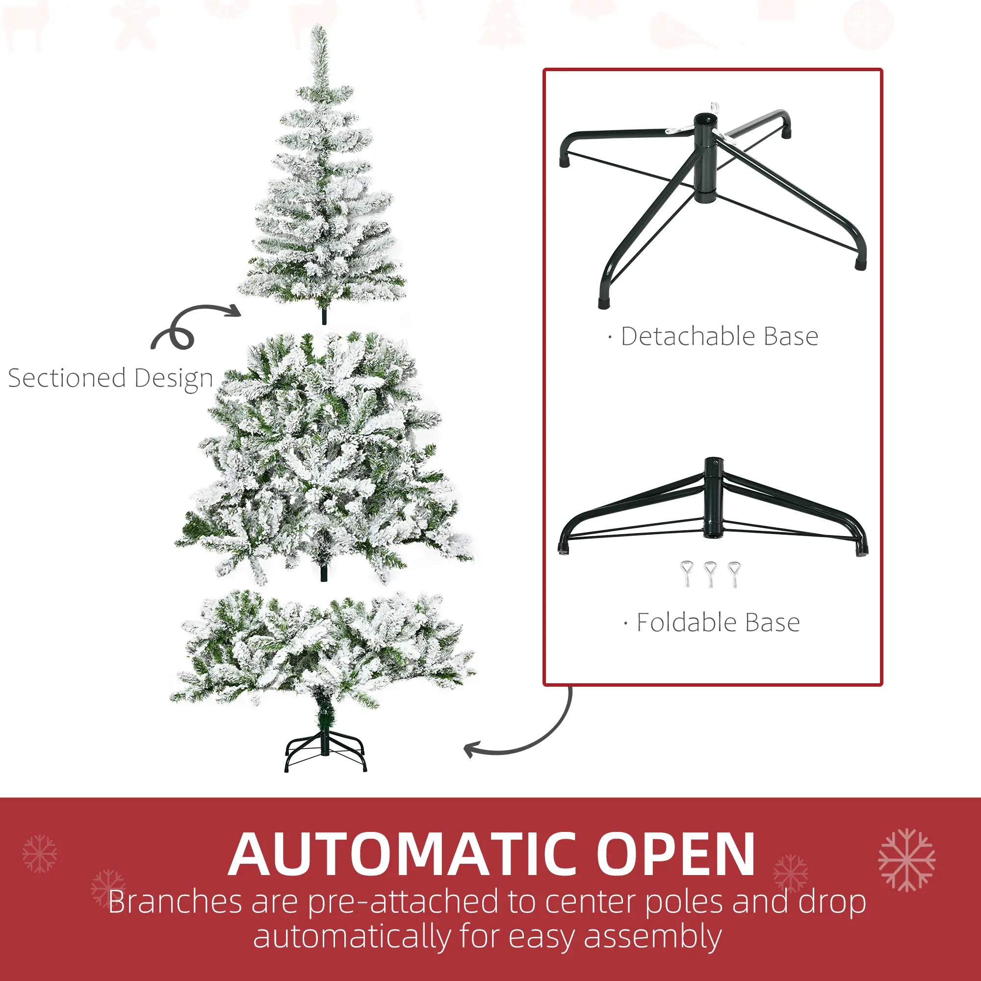 6ft Snow Flocked Artificial Christmas Tree – Full Unlit Xmas Pine with 750 Tips, Auto-Open Hinges & Steel Stand