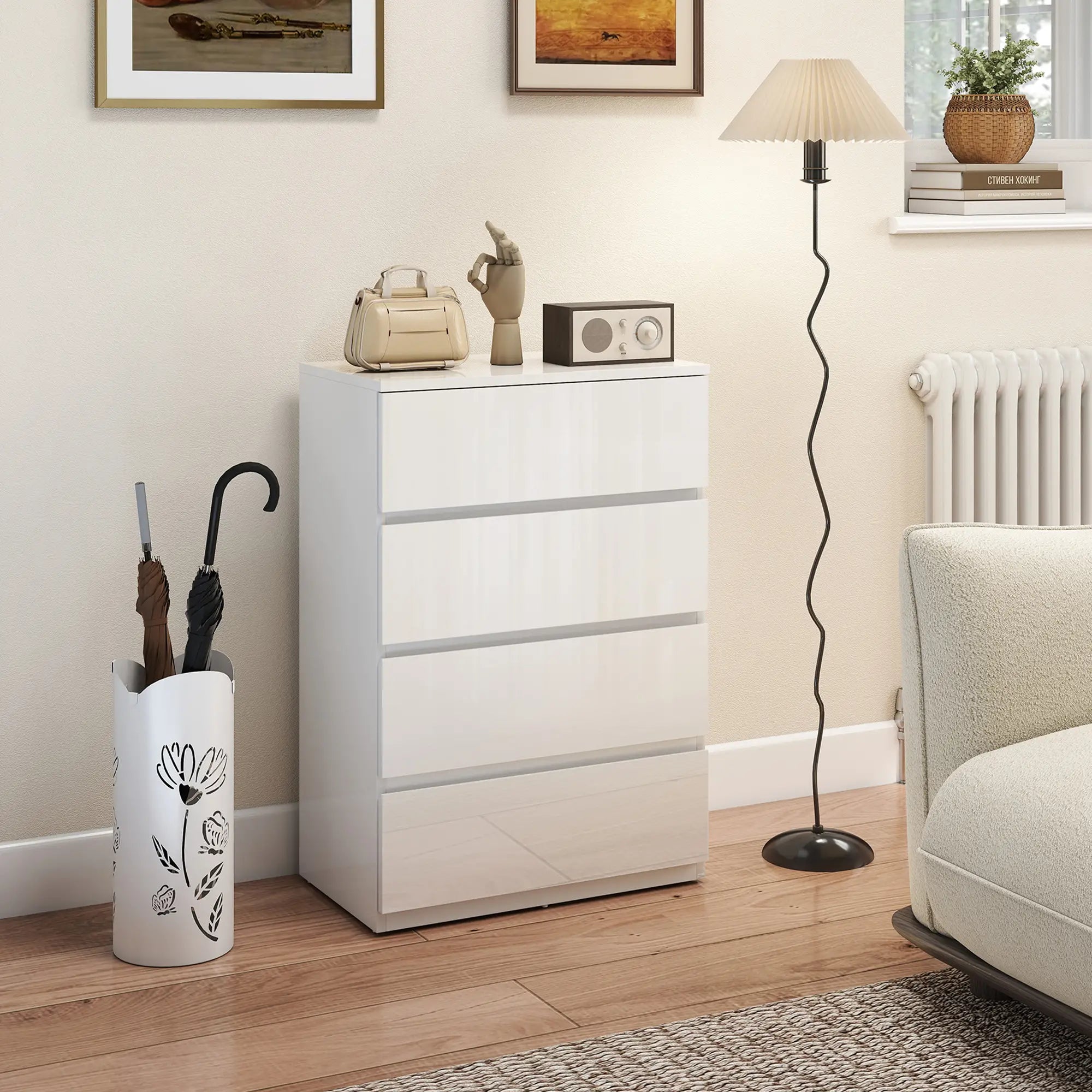 High Gloss Chest of Drawers – 4 Drawer Modern Storage Dresser for Bedroom & Living Room, White, 80 cm
