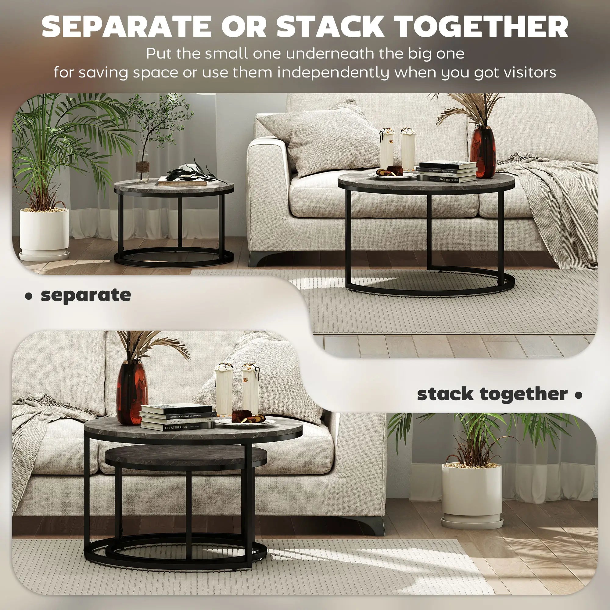 Industrial Nesting Coffee Tables Set of 2 – Round Faux Marble Top & Black Steel Frame, Space-Saving Living Room Tables