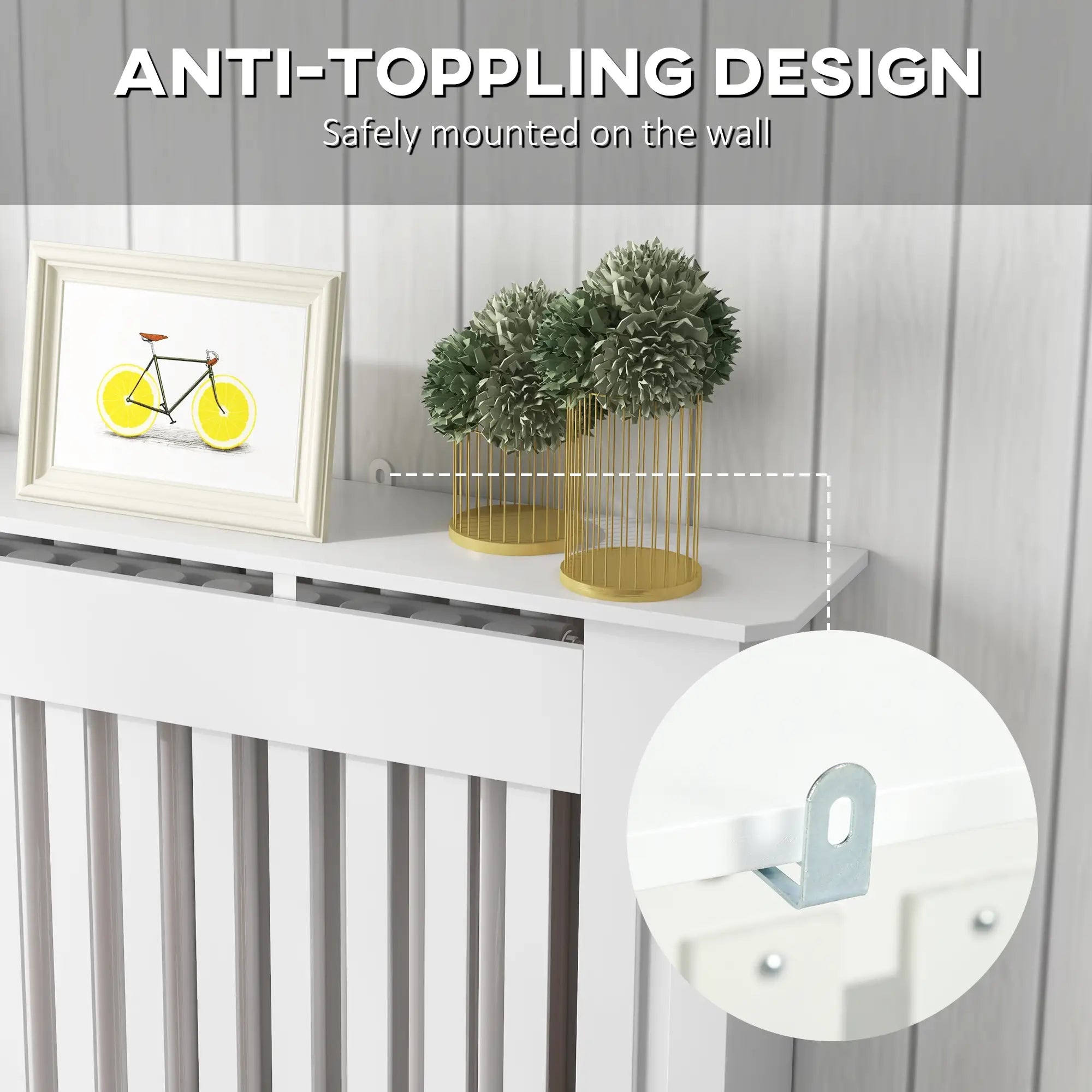 Slatted Radiator Cover Cabinet with Top Shelf – MDF Painted Heater Cover with Vented Grill, White, 112 x 19 x 81 cm