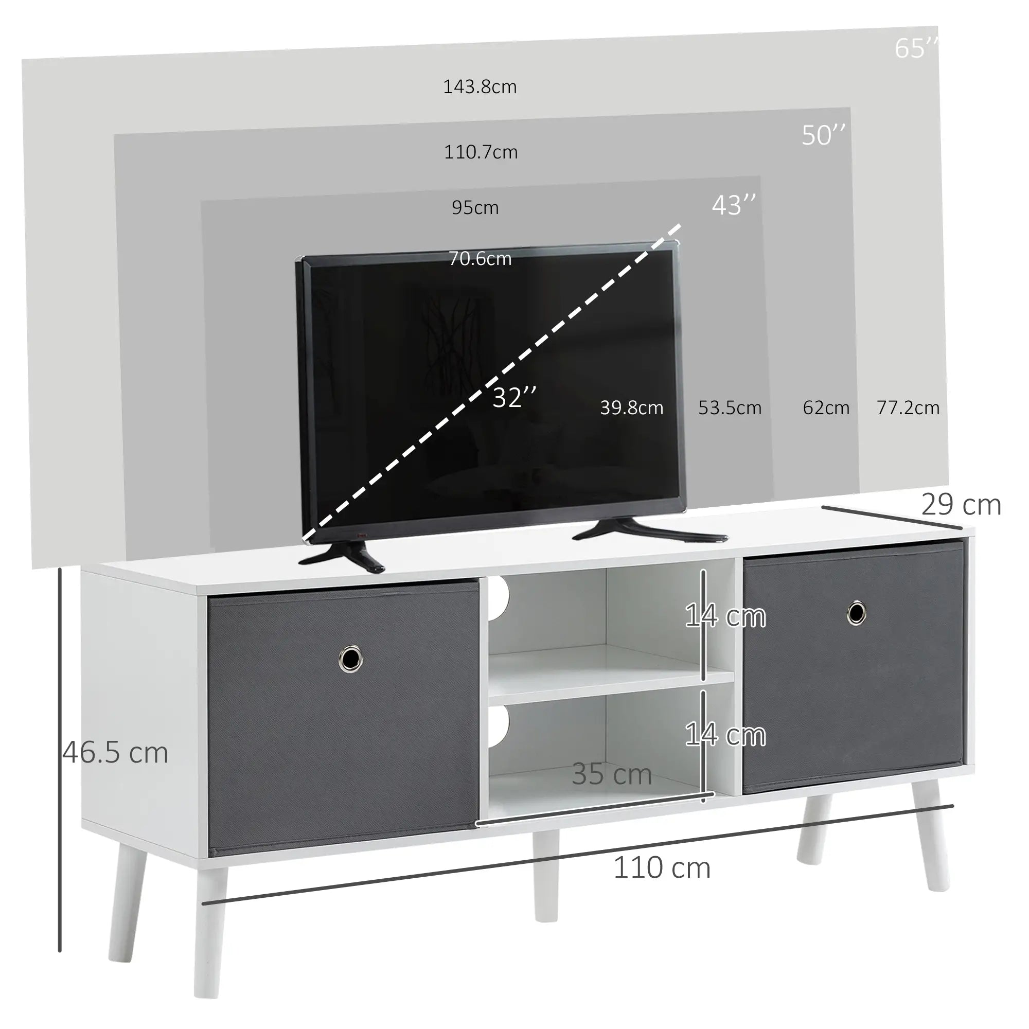 TV Stand for TVs up to 50 – White TV Cabinet with Foldable Drawers & Open Shelves, Modern Entertainment Unit