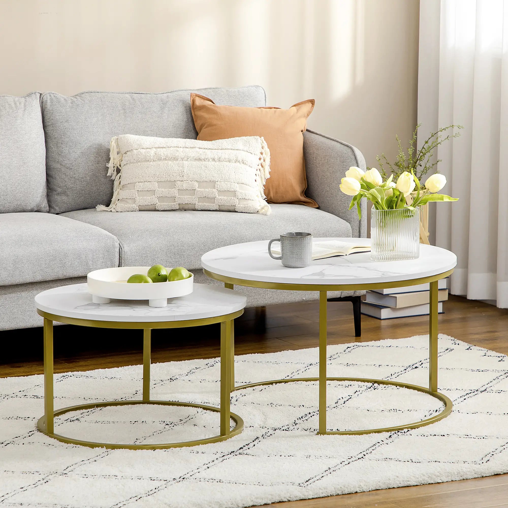 Coffee Table Set of 2 - Round Nesting Tables with Metal Frame