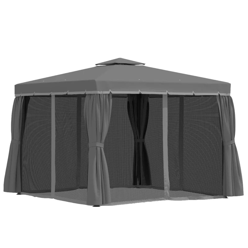 3 x 3m Patio Gazebo with Curtains & Mosquito Netting, Double Tier Water-Repellent Roof, Aluminium Frame Garden Pavilion Tent – Dark Grey