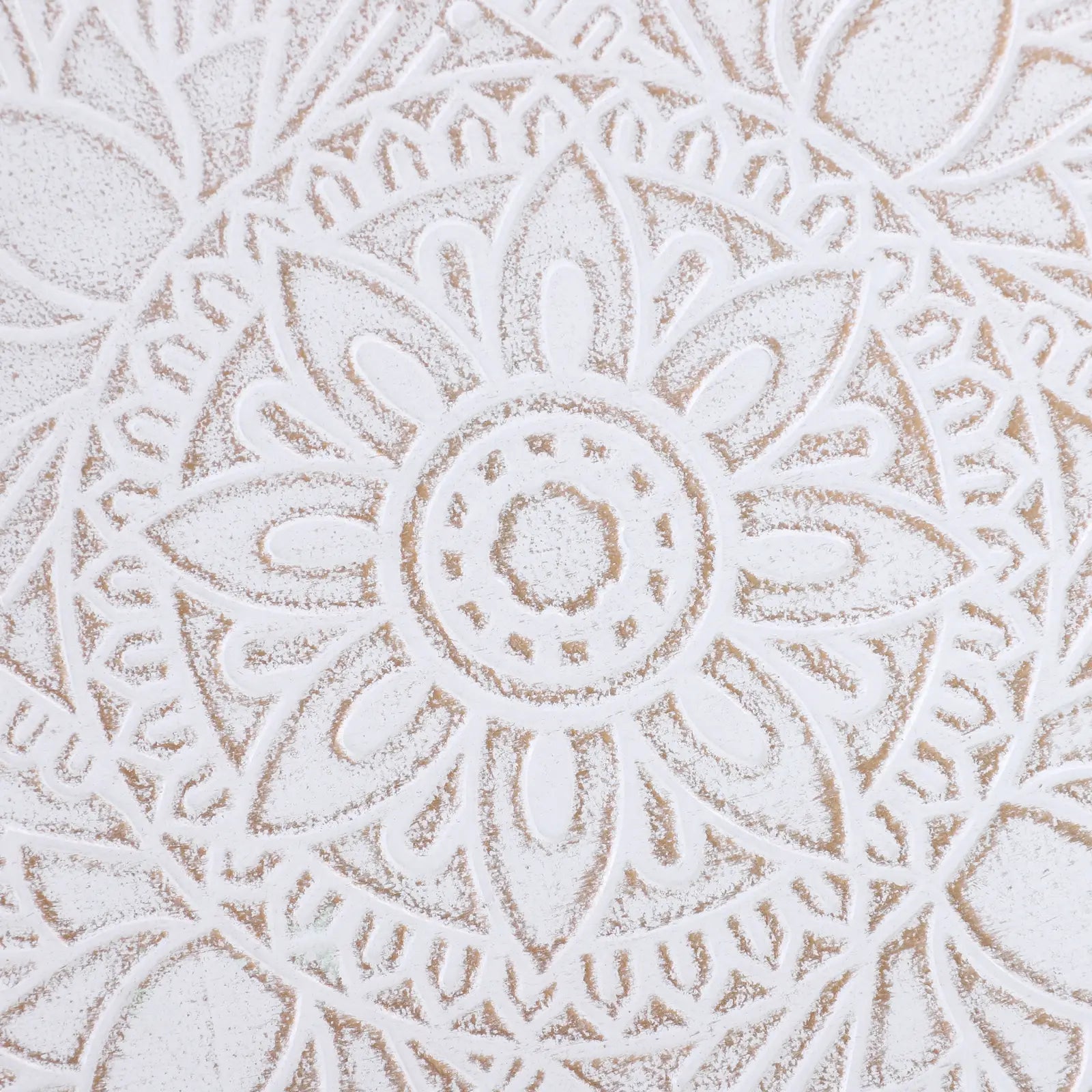 White Round Coffee Table with Carved Floral Top – Decorative Tray-Style Side Table with Wooden Legs for Living Room