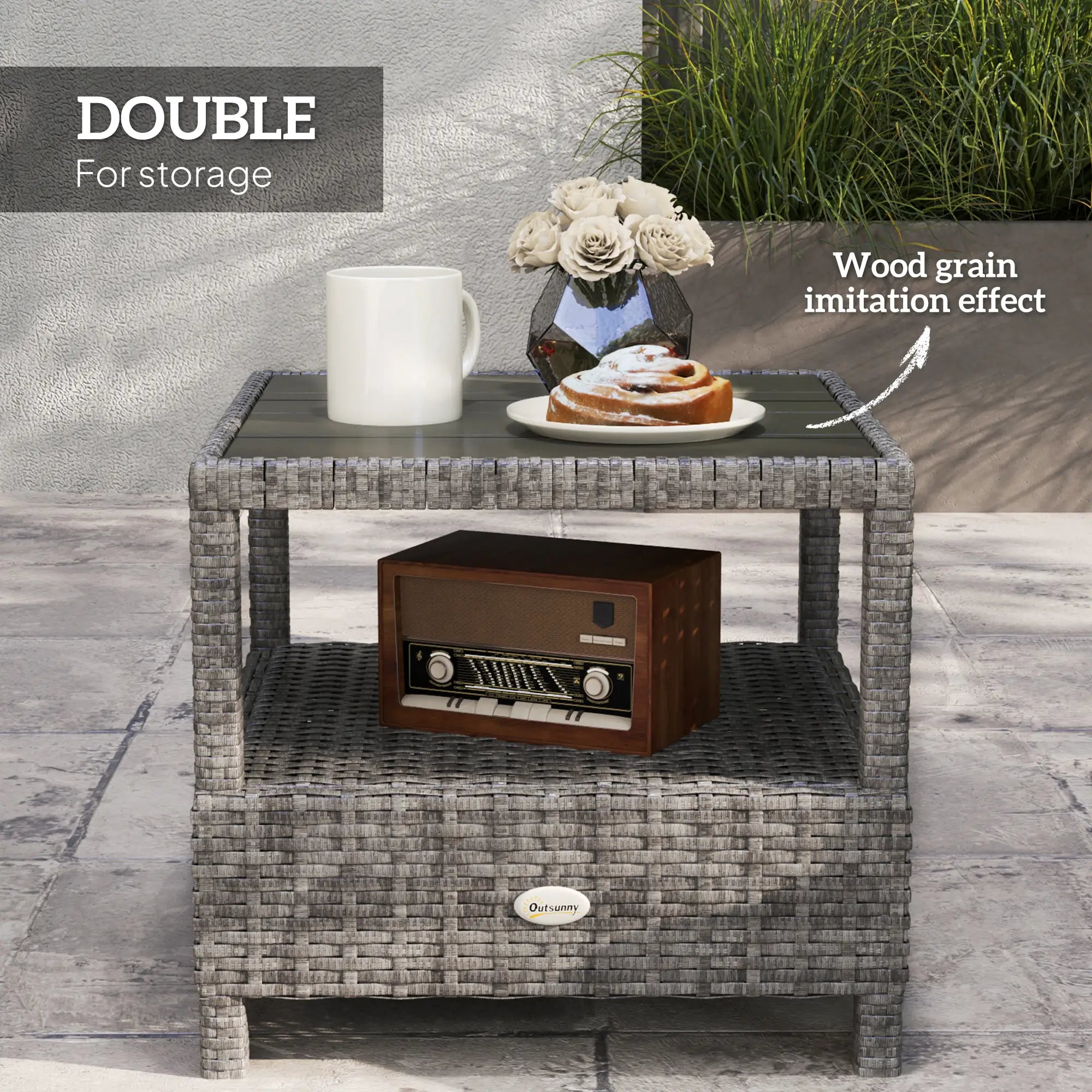 2 Seater Rattan Recliner Sofa Set with Cushions & Table, No Assembly Outdoor Wicker Lounge Chairs with Footrests, Adjustable Backrest – Grey