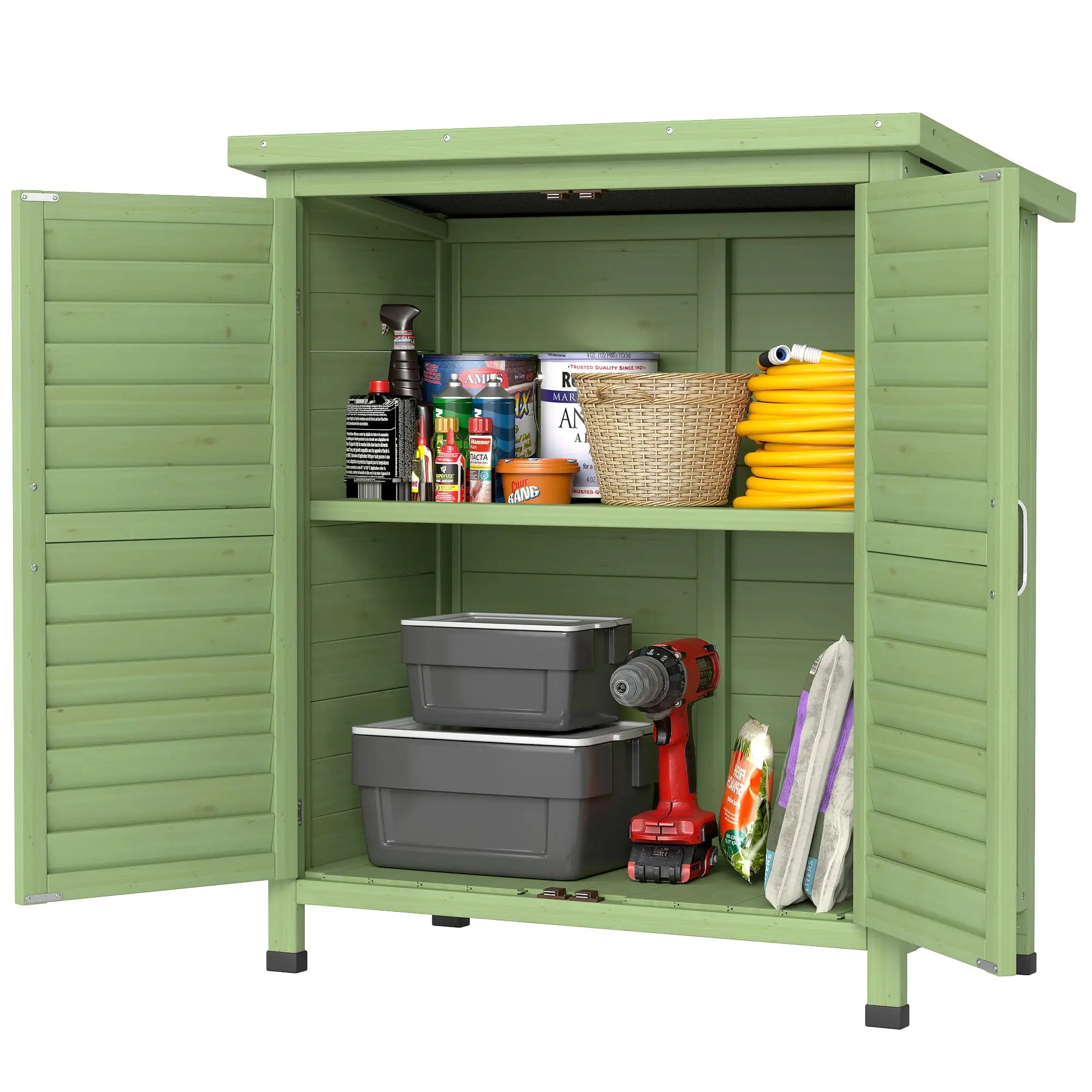 Wooden Garden Storage Shed with 2 Doors & Shelves – Solid Fir Wood Outdoor Tool Cabinet, Weather Resistant, Green, 87 x 46.5 x 96.5 cm