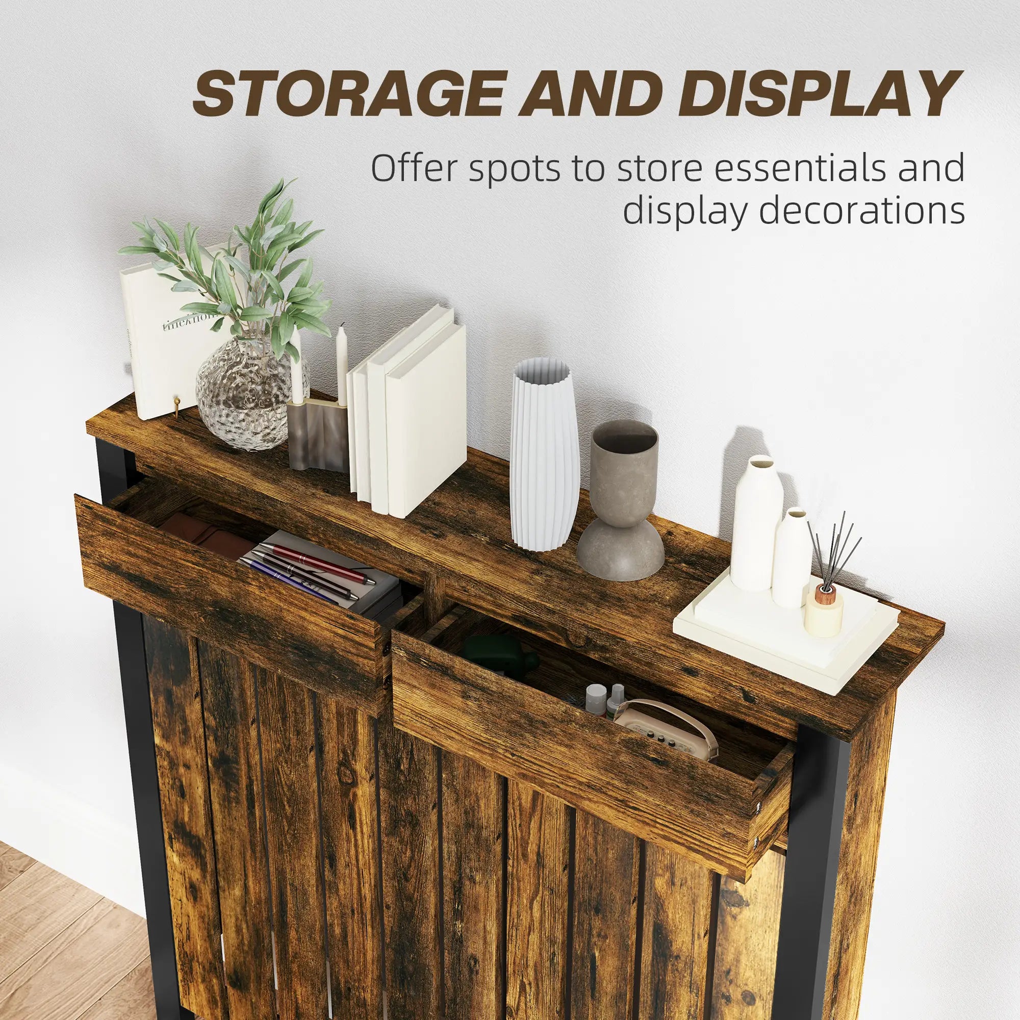 Rustic Radiator Cover with Drawer – Industrial MDF Heater Cover Cabinet, Brown & Black, 88.5 x 19 x 93 cm