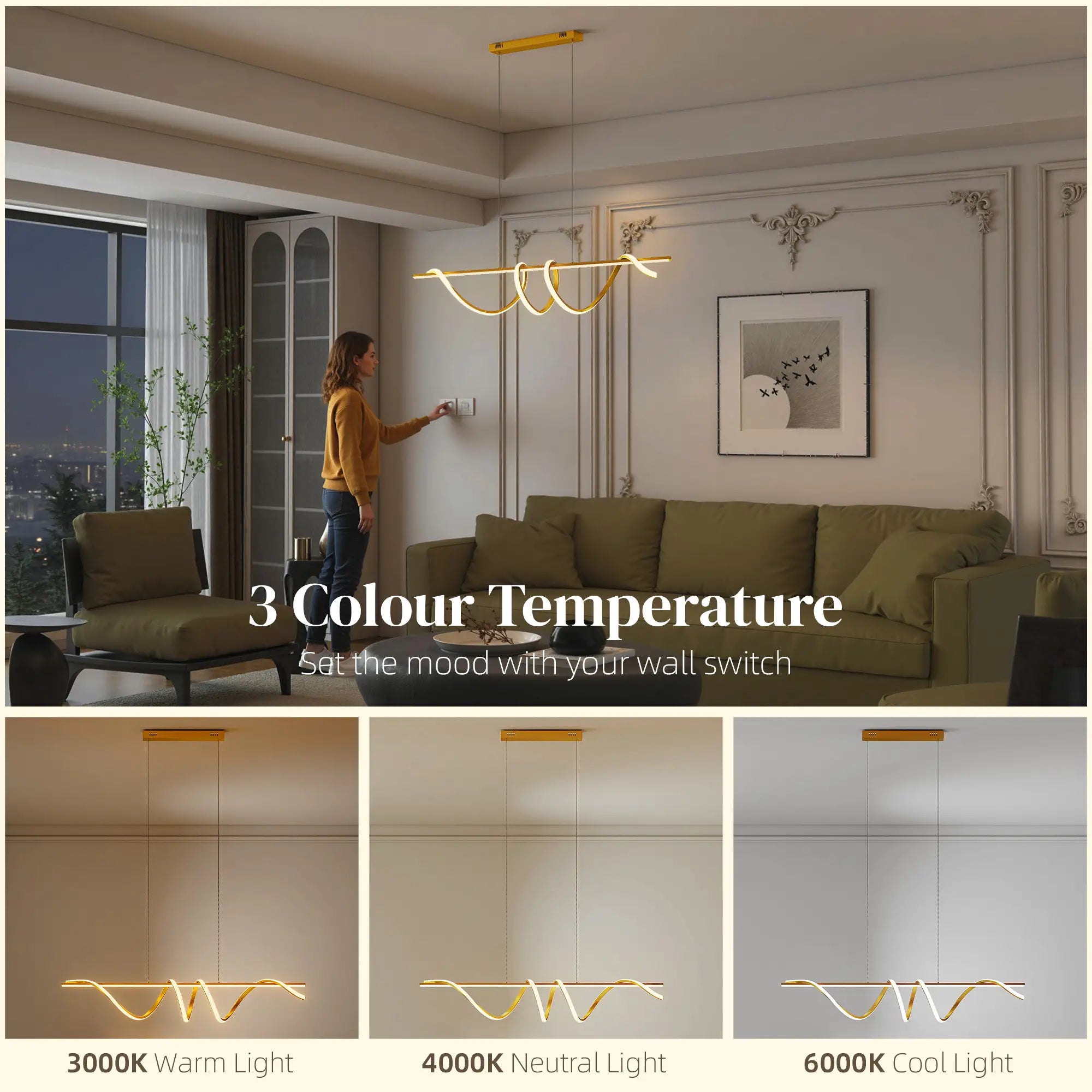 Modern LED Pendant Light with 3 Colour Temperatures – Gold Tone, Adjustable Height, 45W, 3500 Lumens, 120 cm