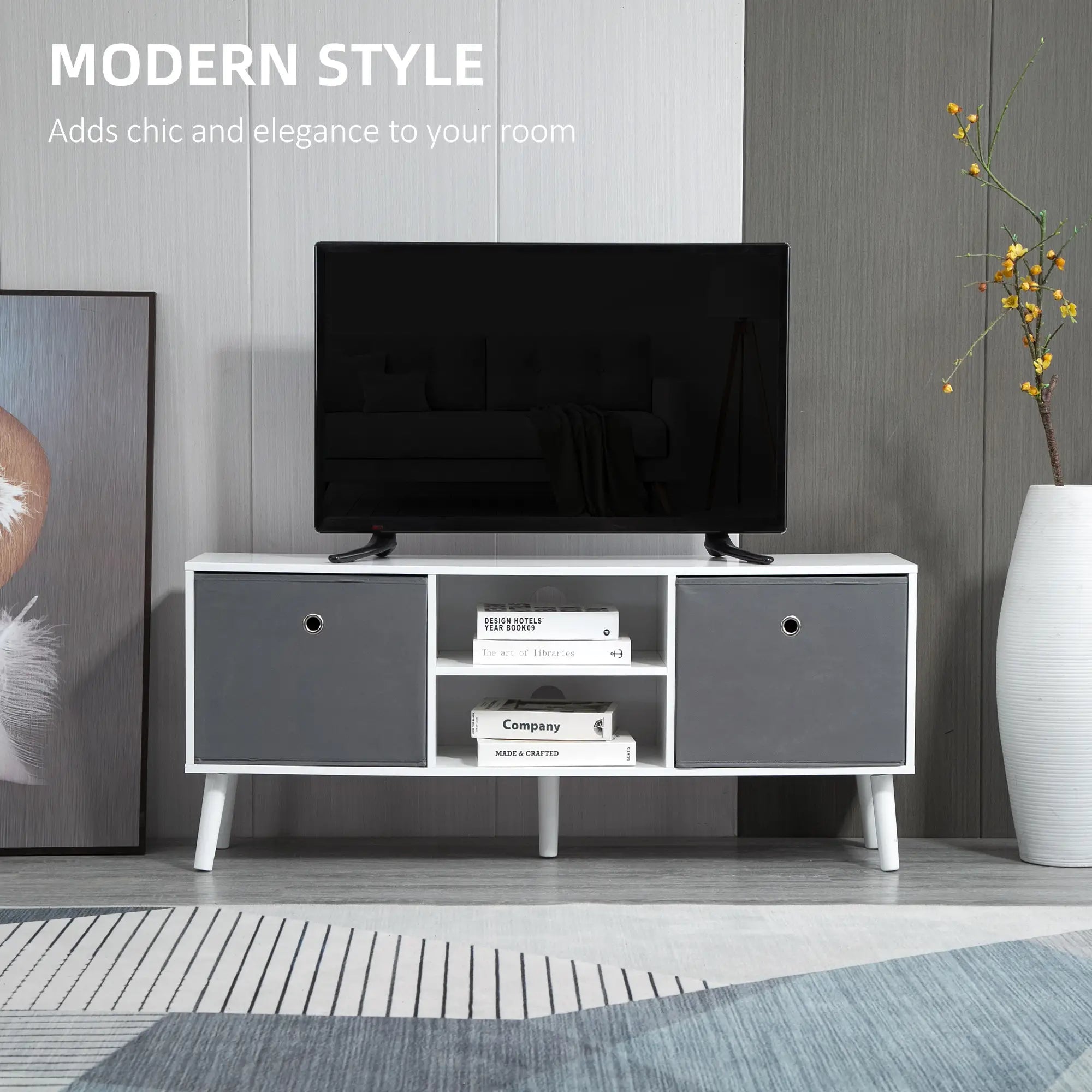 TV Stand for TVs up to 50 – White TV Cabinet with Foldable Drawers & Open Shelves, Modern Entertainment Unit