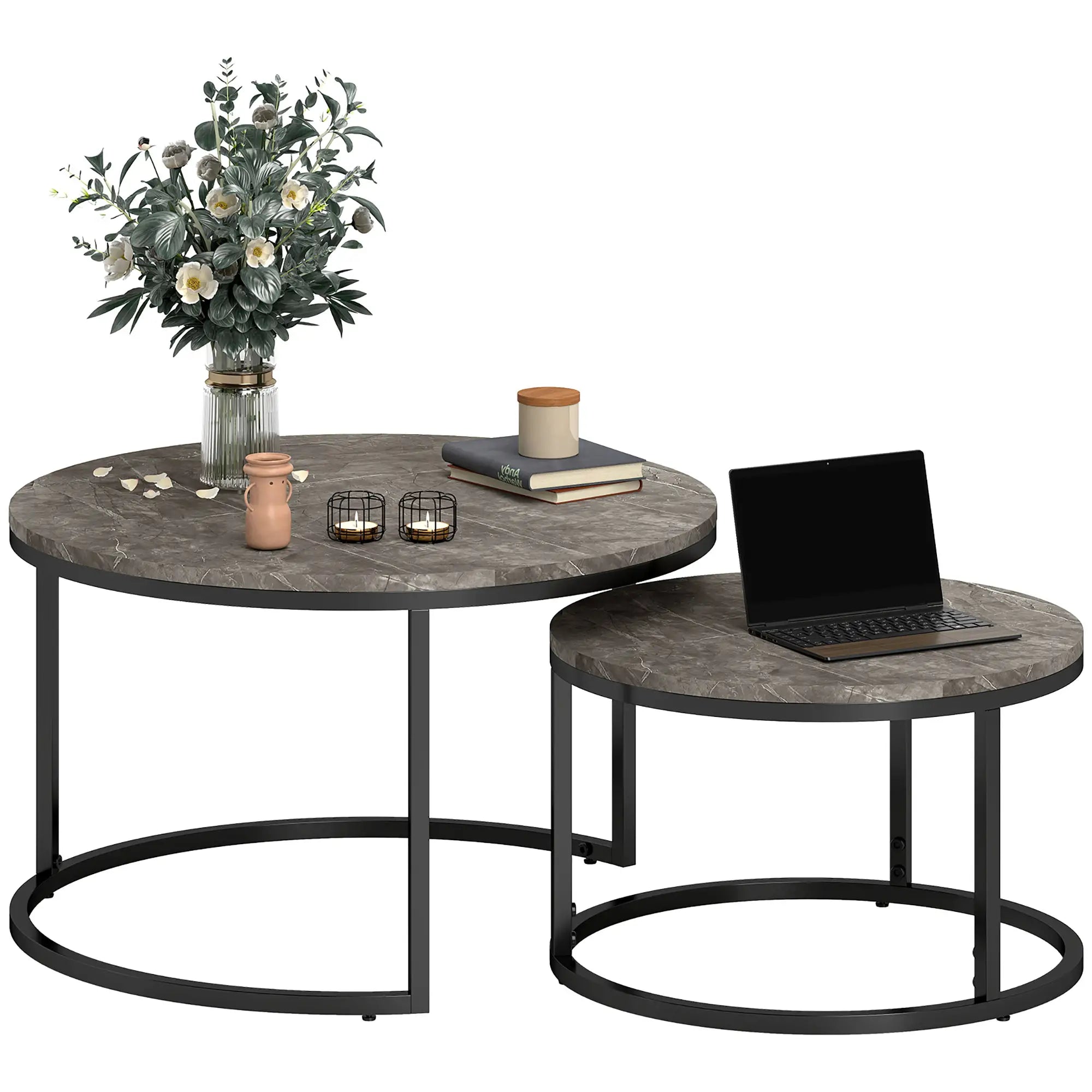 Industrial Nesting Coffee Tables Set of 2 – Round Faux Marble Top & Black Steel Frame, Space-Saving Living Room Tables